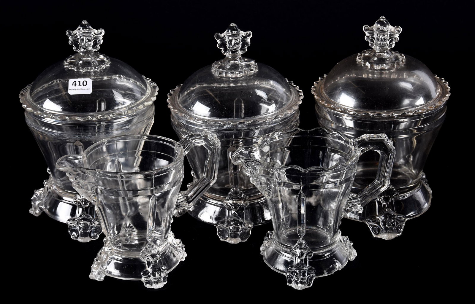 (5) EAPG Viking Pattern Items: (5) EAPG Viking Pattern Items, N/A, (2) Creamers, (3) Covered Sugars, One Creamer Base Has Chip, One Sugar Lid Is Chipped, Hobbs Brockunier, Circa 1876; Ramsey Estate, KS