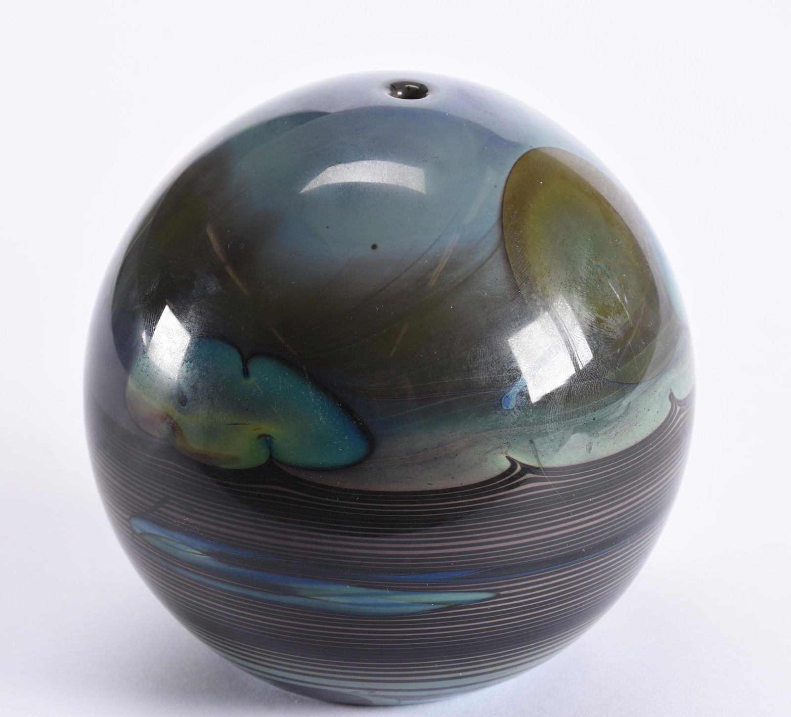Paperweight, Contemporary Art Glass, John Lewis: Paperweight, Contemporary Art Glass, 4.75" X 4.75", John Lewis Studios, Possibly "Moonscapes", Stylized Design Of Sun, Moon And Cloud, Hole In Center, Weighs Over Three Pounds, No Visible Signature; R