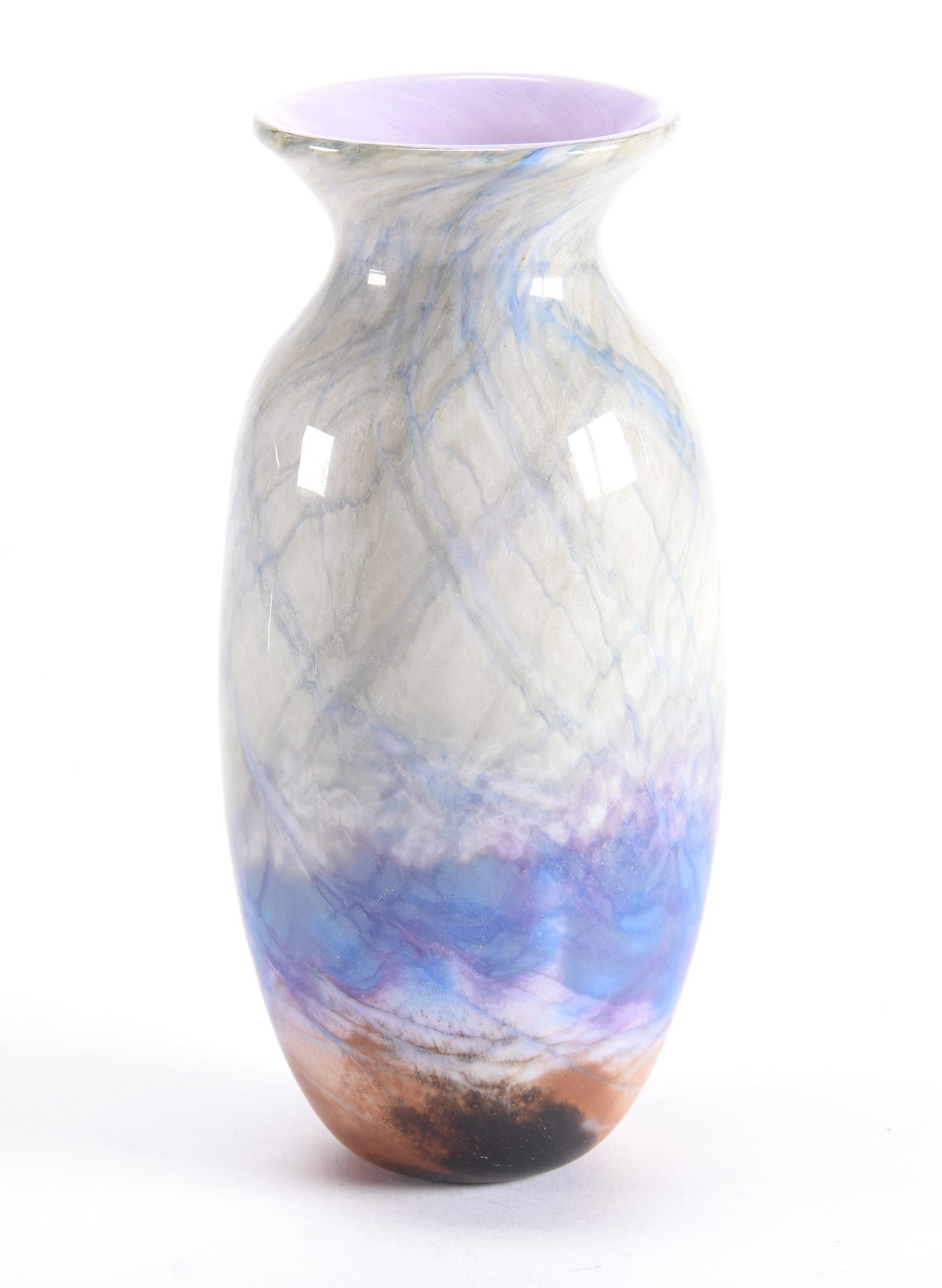 Vase, Contemporary Art Glass Signed Nourot: Vase, Contemporary Art Glass Signed Nourot, 6.75", #263-78-Acn (Ann Corcoran Nourot), Pastel Gray, Blue And Pink With Veining; Ramsey Estate, KS