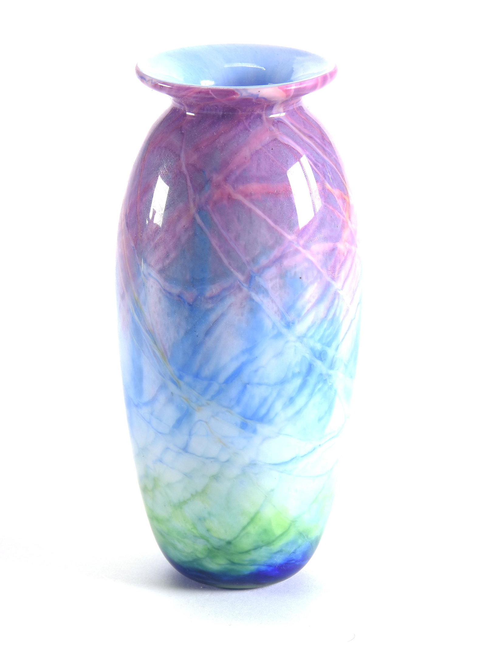 Vase, Contemporary Art Glass Signed Nourot: Vase, Contemporary Art Glass Signed Nourot, 6.25", #1062-78-Can (Ann Corcoran Nourot), Beautiful Pastels Of Pink, Blue, White And Green With Veining; Ramsey Estate, KS