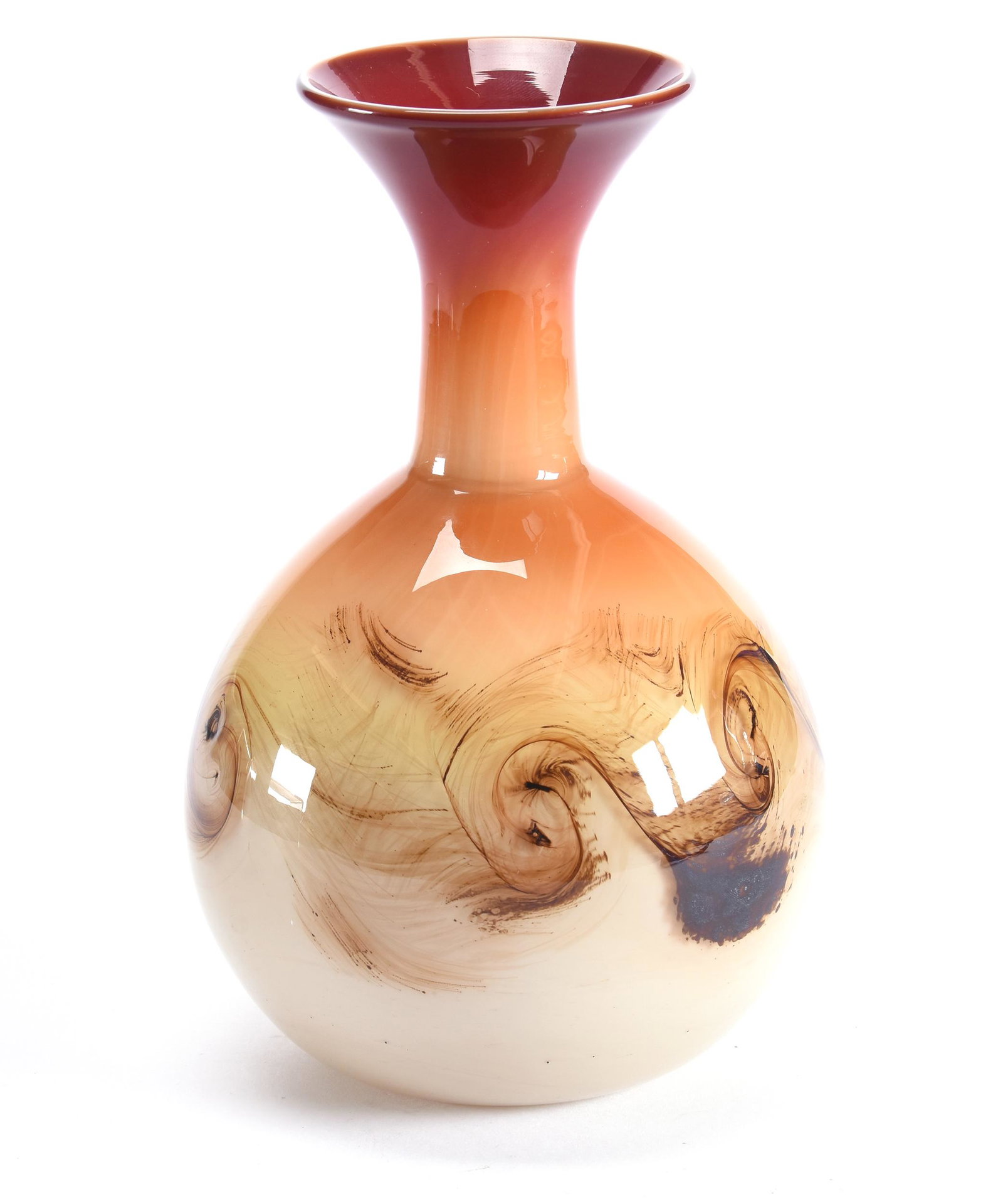 Vase, Contemporary Art Glass Signed Michael Nourot: Vase, Contemporary Art Glass Signed Michael Nourot, 7.75", Carafe Shape, #Nbg-187-2-76, Burgundy Shading To Browns Over White Swirl Design; Ramsey Estate, KS