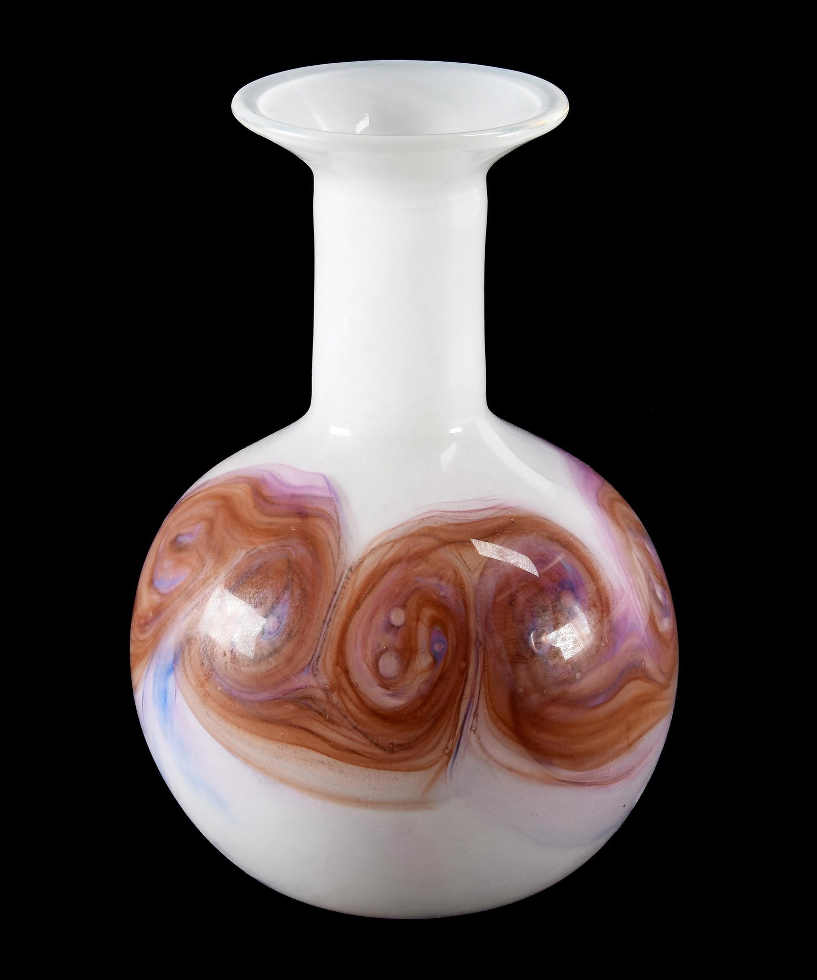 Vase, Contemporary Art Glass Signed Michael Nourot: Vase, Contemporary Art Glass Signed Michael Nourot, 8.25", Carafe Shape, #Nbg-094-010-75, White Opaque With Pink, Brown And Blue Swirl Design; Ramsey Estate, KS