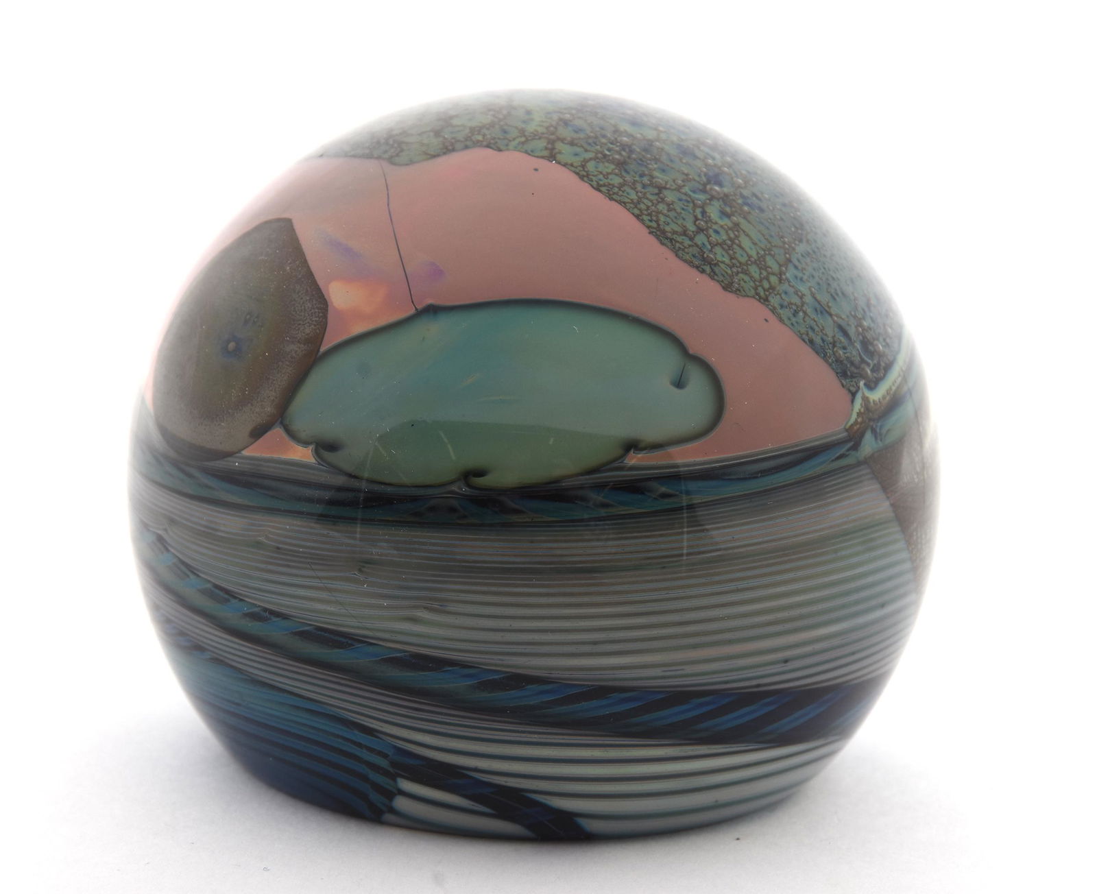 Paperweight, Contemporary Art Glass, Signed John Lewis: Paperweight, Contemporary Art Glass, 3.5", Signed John Lewis Studios, Dated 1978, Dark Multi-Color Ground With Pink And Blue Highlights, Lot #421 Believed To Be From Same Artist; Ramsey Estate, KS. UP