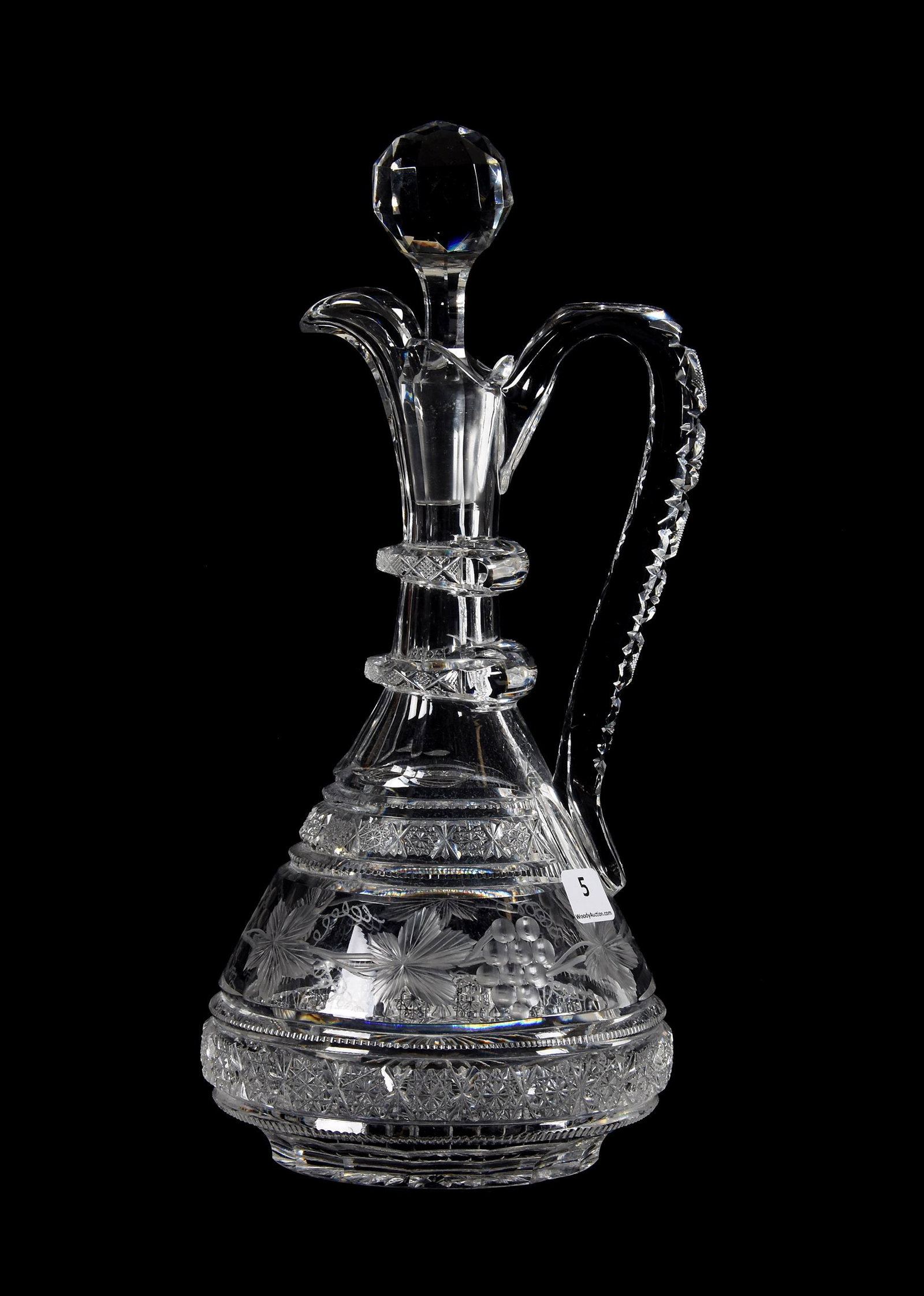 Decanter, BPCG, Signed Gundy & Clapperton: Decanter, BPCG, Signed Gundy & Clapperton, 12.5", Engraved Vintage Motif With Hobstar Bands, Double Ring Neck, Pattern Cut Handle, Ray Cut Base, Nice Quality, Goodrich Estate, NY