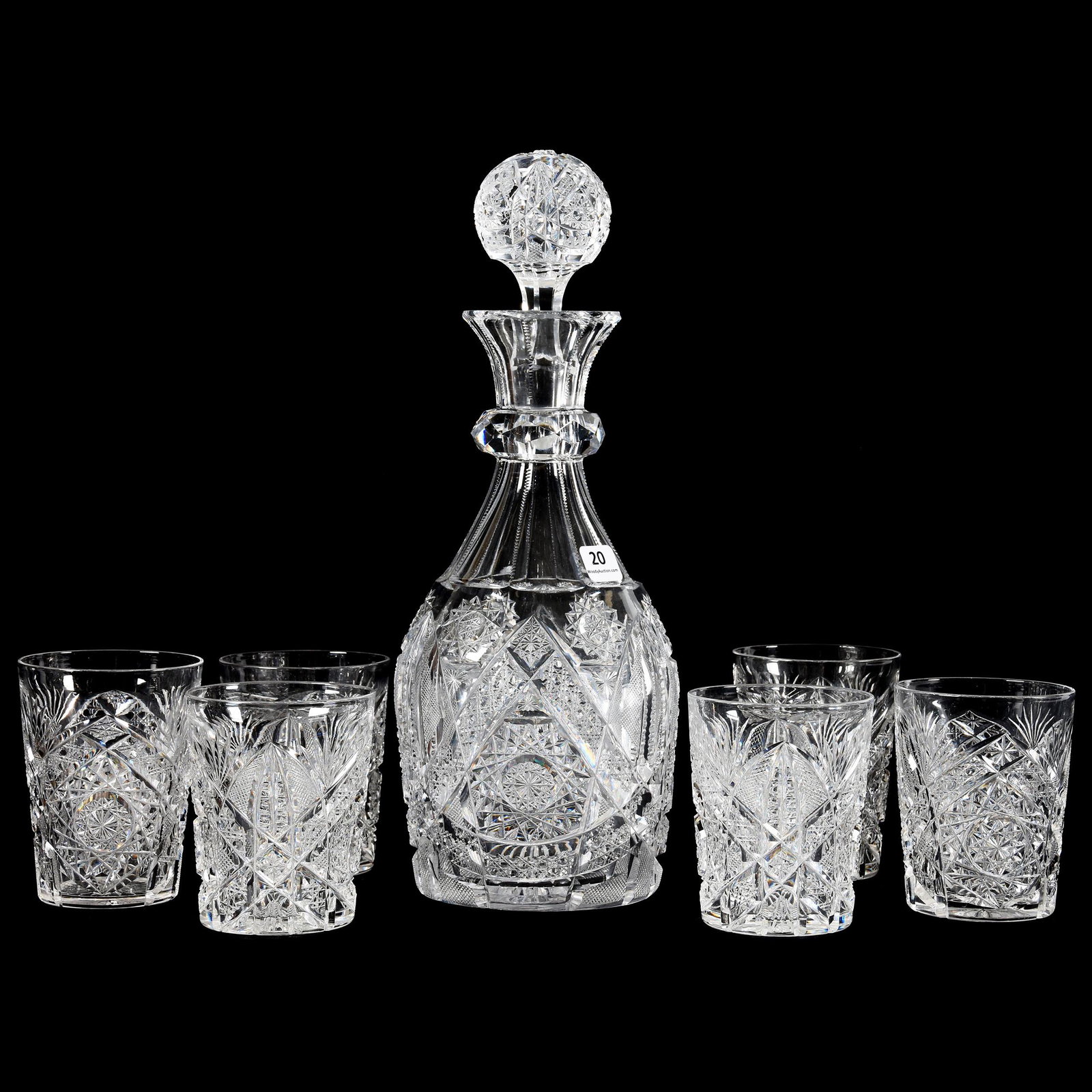 Decanter Set, ABCG, Carolyn Pattern By J. Hoare: Decanter Set, ABCG, Carolyn Pattern By J. Hoare, 13", 3.875", Facet Cut Ring Neck, Full Pattern Cut Stopper, Ray Cut Base, (6) Pattern Matched Tumblers, Steve Owlett Collection, PA