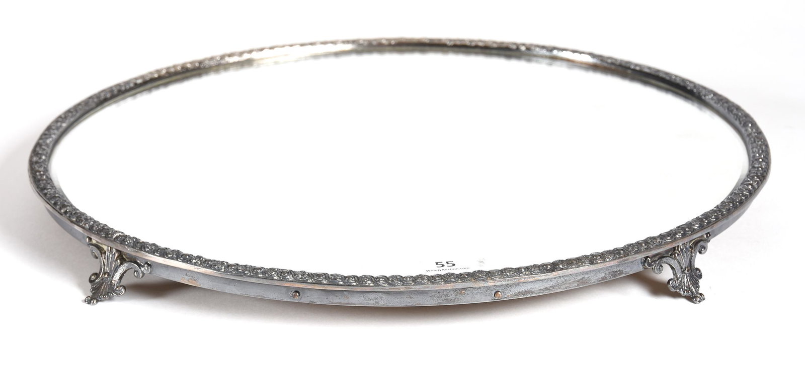 Beveled Mirror Plateau: Beveled Mirror Plateau, 15", Footed Silverplate Rim, Rasmussen, SD