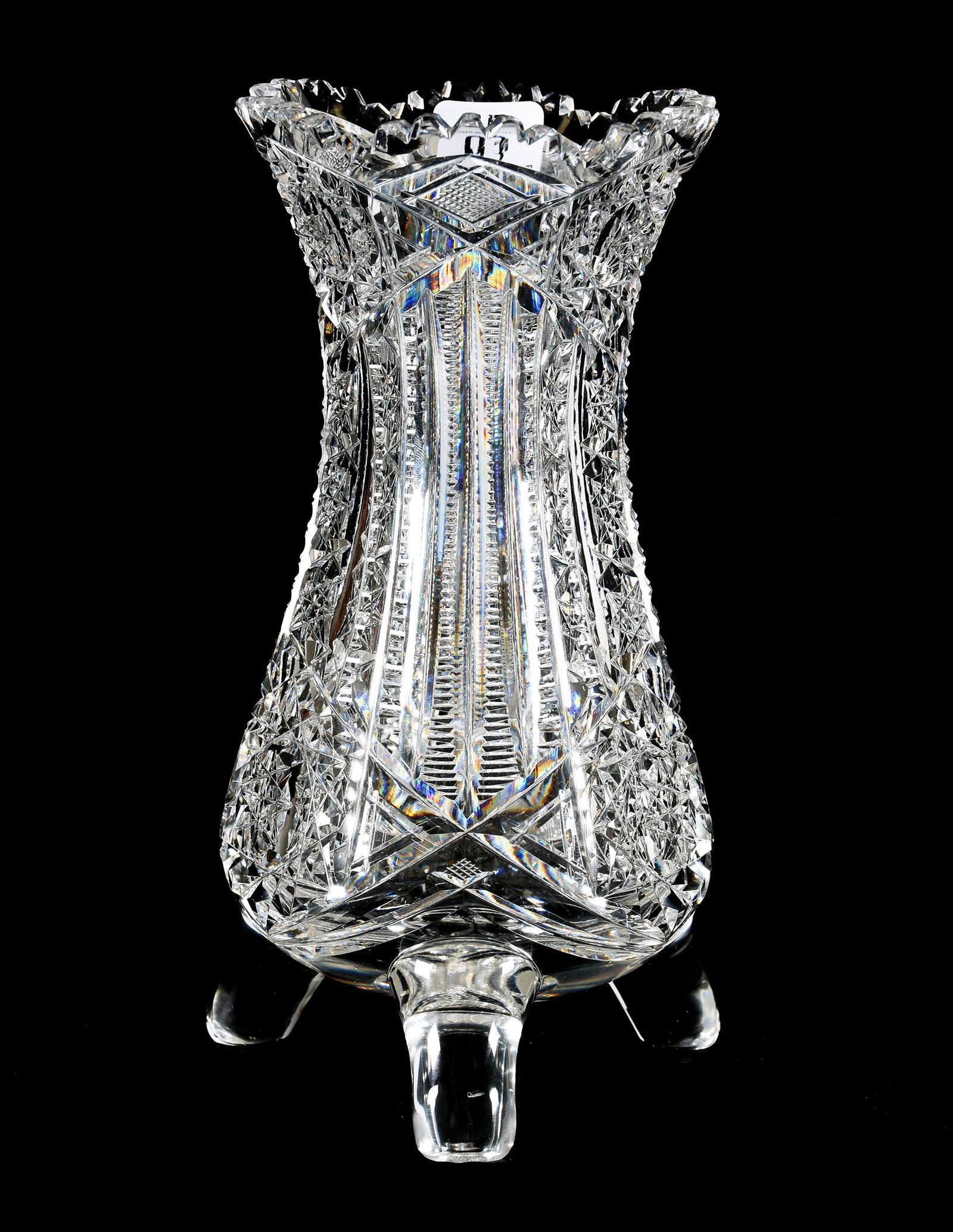 Vase, Three Footed, ABCG: Vase, Three Footed, ABCG, 7.75", Hobstar And Prism Motif, Polished Pontil Base, Rasmussen, SD