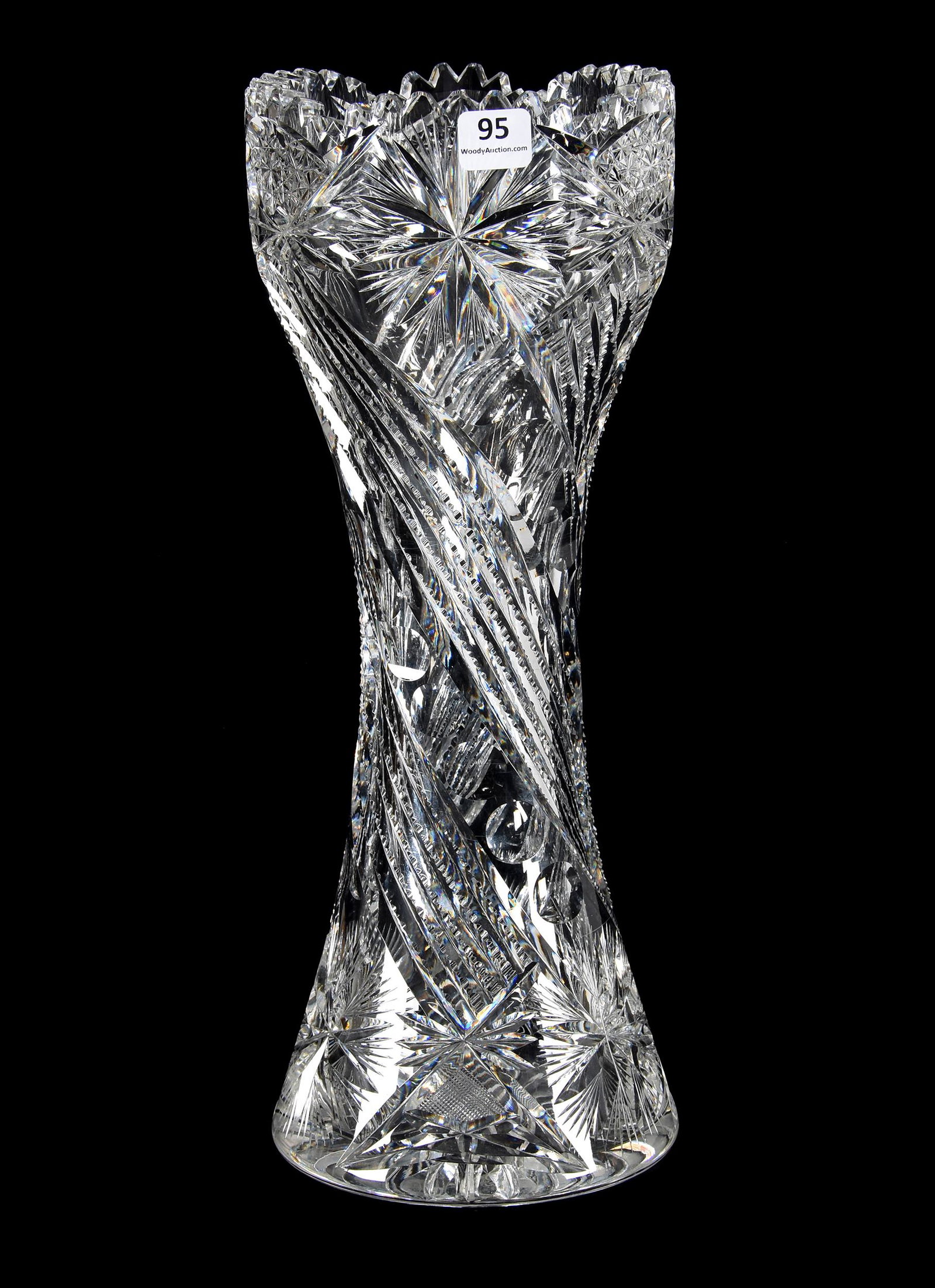 Vase, American Brilliant Cut Glass: Vase, American Brilliant Cut Glass, 14", Spiral Comet Design With Prism And Punty Highlights, Outside Surface Rim Chip, Rasmussen, SD
