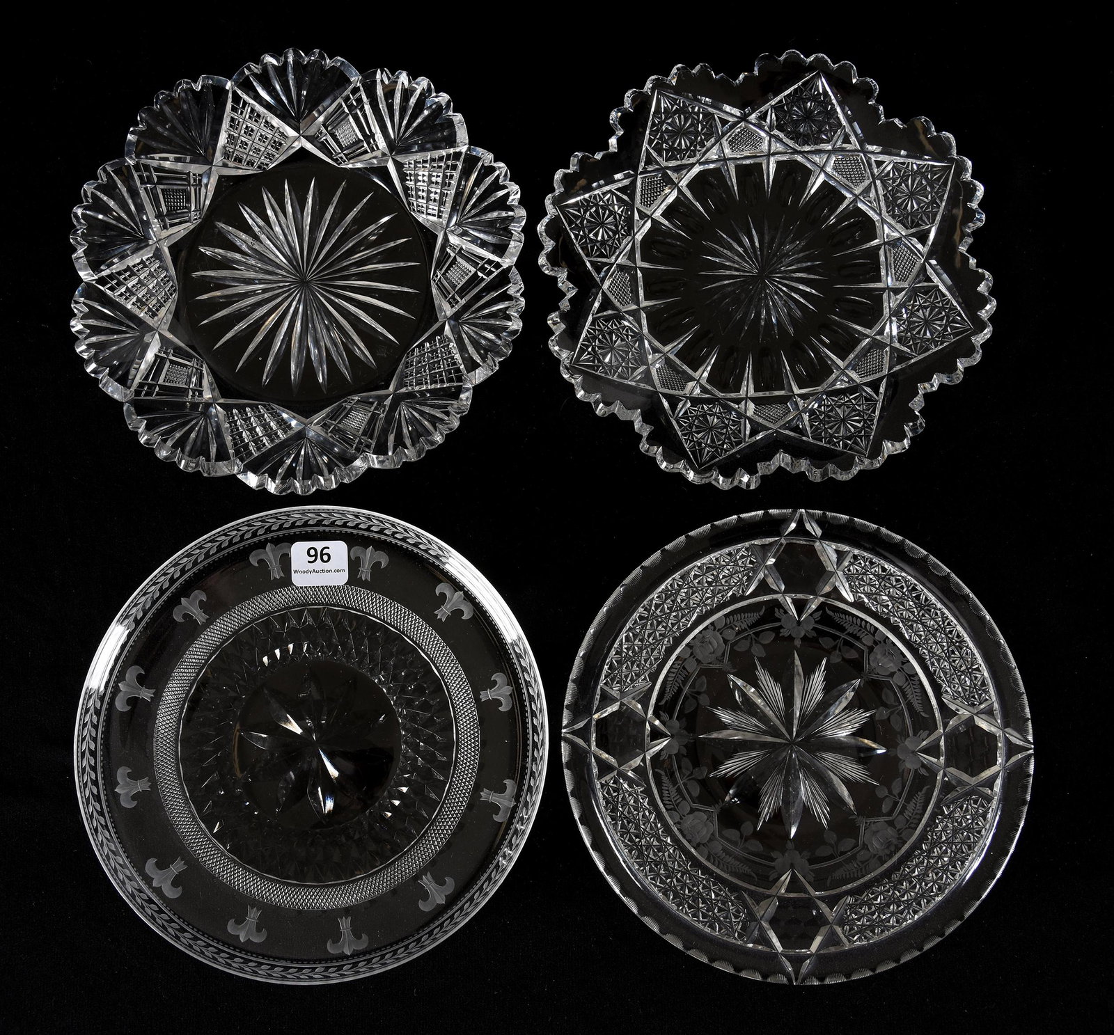 (4) Plates, ABCG: (4) Plates, ABCG, 7", (1) Ray Center, Crosscut Diamond, Strawberry Diamond And Fan Border, Attributed To Pairpoint, (1) Signed Hawkes, Engraved Floral With Diamond Band, (1) Glenwood Pattern By Bergen