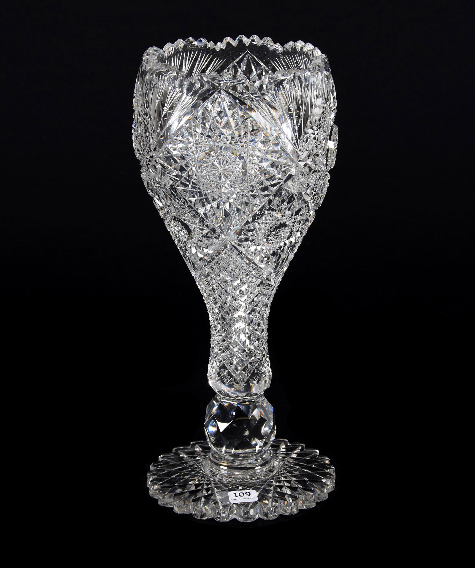 Chalice Vase, ABCG: Chalice Vase, ABCG, 14.25", Hobstar, Crosscut Diamond, Strawberry Diamond, Prism And Fan Motif, Large Scalloped Hobstar Foot, Nice Quality, Rasmussen, SD. UPDATED 3-24-20: 2 tooth chips were located.