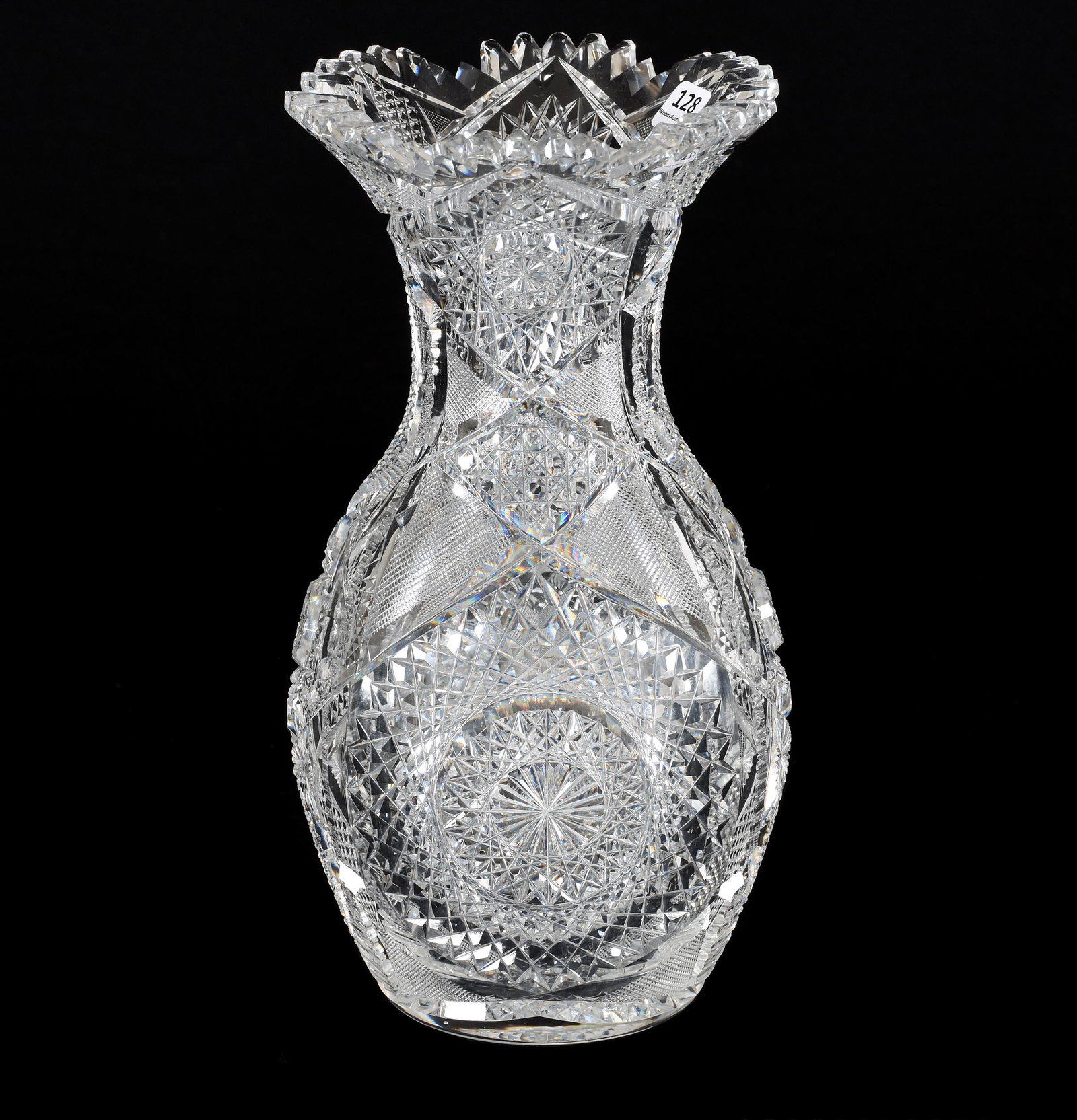 Vase, American Brilliant Cut Glass, 12": Vase, American Brilliant Cut Glass, 12", Hobstar, Strawberry Diamond, Cane, Nailhead Diamond, Prism And Star Motif, Hobstar Base, Heavy Blank, Rasmussen, SD