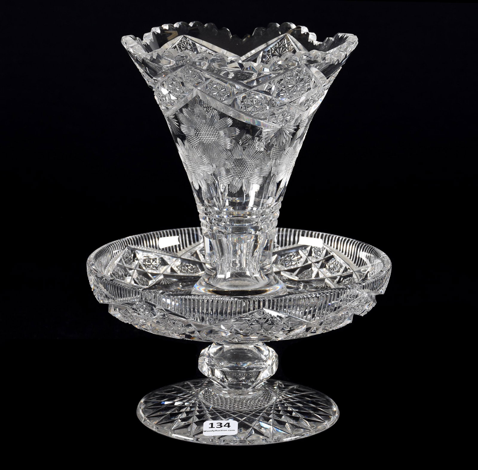 Pedestal Epergne, One Piece, ABCG: Pedestal Epergne, One Piece, ABCG, 10" X 8", Engraved Floral With Hobstar And Fan Border, Large Hobstar Foot, Rare Form, Dr. & Mrs. Charles Dudgeon Estate, FL