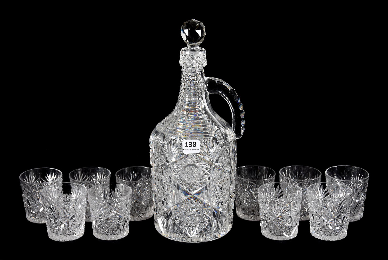 Demi-John Set, ABCG, Monarch Pattern By J. Hoare: Demi-John Set, ABCG, Monarch Pattern By J. Hoare, 11.25", Step Cut Neck, Triple Notched Handle, Ray Cut Base, Selling With (10) Pattern Matched Shot Glasses, Steve Owlett Collection, PA. UPDATED 3-24-