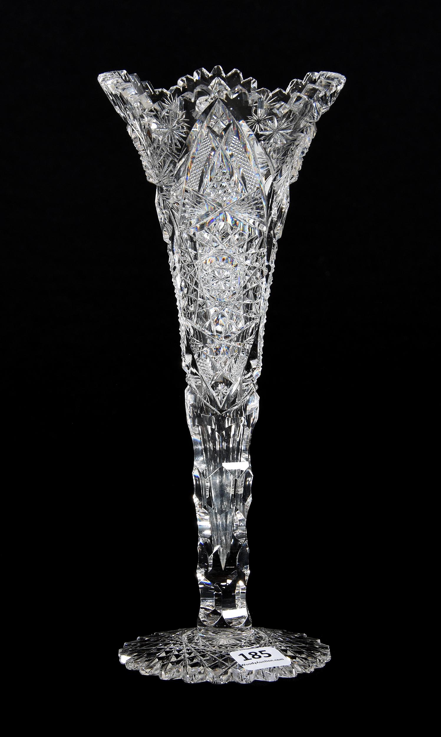 Trumpet Vase, ABCG: Trumpet Vase, ABCG, 9.75", Pinwheel, Vesica, Hobstar, Nailhead Diamond, Strawberry Diamond, Prism And Star Motif, Scalloped Hobstar Foot, Rasmussen, SD. UPDATED 3/24/20: A tooth is chipped. See photo.