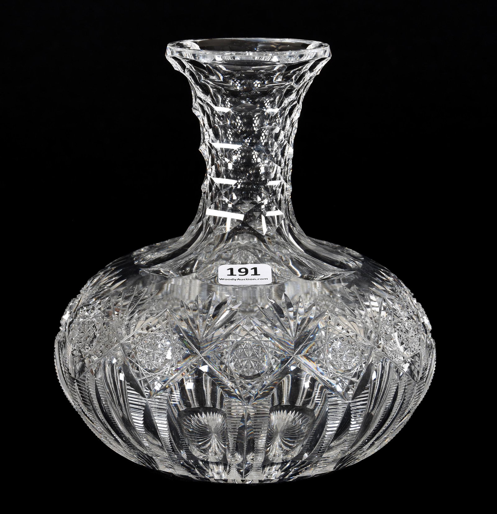 Water Carafe, ABCG, Signed Hawkes Brunswick Pattern: Water Carafe, ABCG, Signed Hawkes Brunswick Pattern, 7.25", Honeycomb Neck, Ray Cut Base, Features (12) Hobstars Around Body, Rasmussen, SD