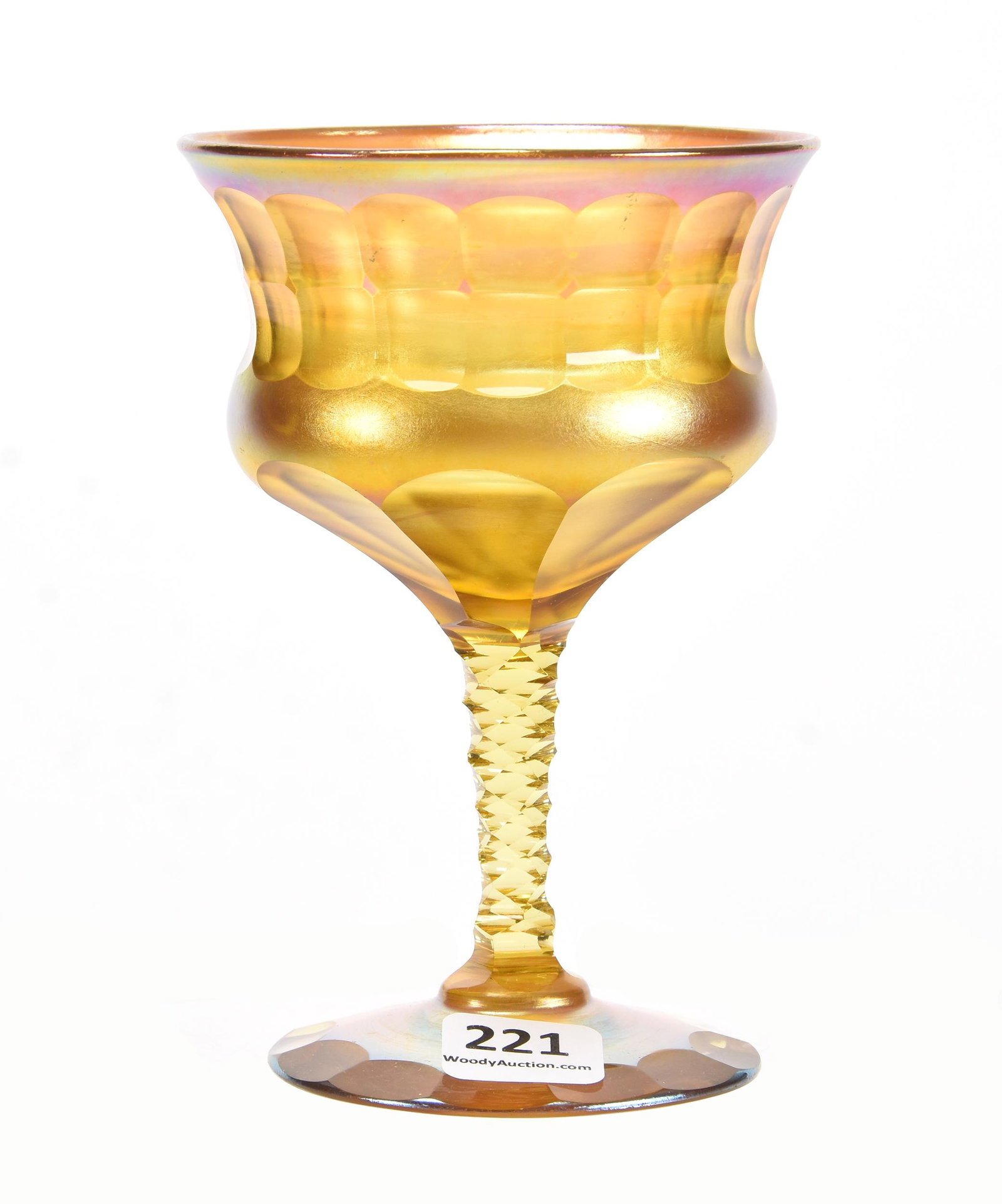 Champagne Stem, ABCG, Signed LCT Favrile #J1197: Champagne Stem, ABCG, Signed LCT Favrile #J1197, 5" X 3.5", Gold Iridescent With Cut Panels, Diamond Cut Stem, Panel Cut Foot, Dr. & Mrs. Charles Dudgeon Estate, FL
