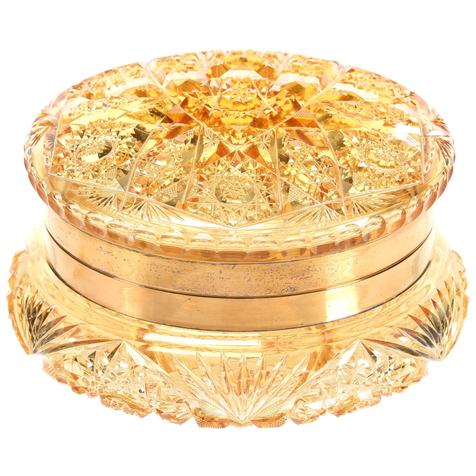 Round Dresser Box, ABCG, Solid Gold Color: Round Dresser Box, ABCG, Solid Gold Color, 3.5" X 6.25", Gilt Metal Fittings, Attributed To Union Cut Glass, Incredible Hobstar, Vesica, Strawberry Diamond, Cane, Star And Fan Motif, Pattern Cut Lid A
