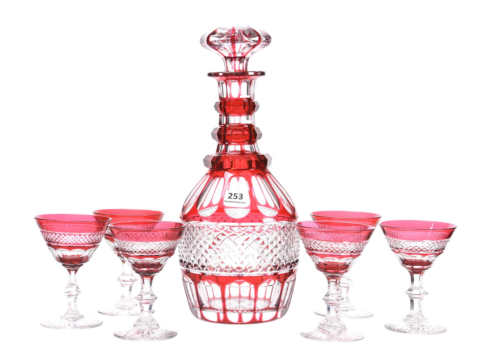 Decanter Set, ABCG, Cranberry Cut To Clear: Decanter Set, ABCG, Cranberry Cut To Clear, 11.5", 4", Diamond Cut Band With Flute Highlights, Pattern Cut Stopper, Triple Ring Neck, Ray Cut Base, Selling With (6) 4" Pattern Matched Stems, Rasmussen
