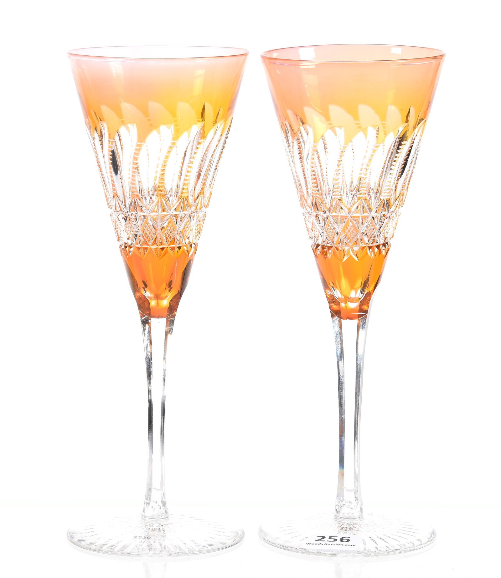 Pair Flute Stems, BPCG, Signed Webb Apricot To Clear: Pair Flute Stems, BPCG, Signed Webb Apricot To Clear, 7.75", Swirled Feather With Strawberry Diamond Highlights, Ray Cut Foot, Private Collection, CA
