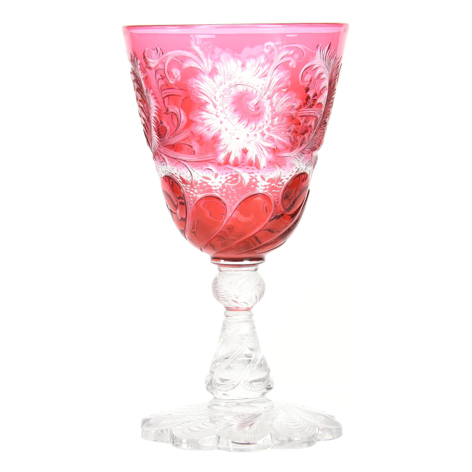 Wine Glass, BPCG, Cranberry Cut To Clear By Webb: Wine Glass, BPCG, Cranberry Cut To Clear By Webb, 5.375", Finely Engraved Passion Flower Decor, Clear Pattern Engraved Stem & Scalloped Base - Extra Nice!, Private Collection