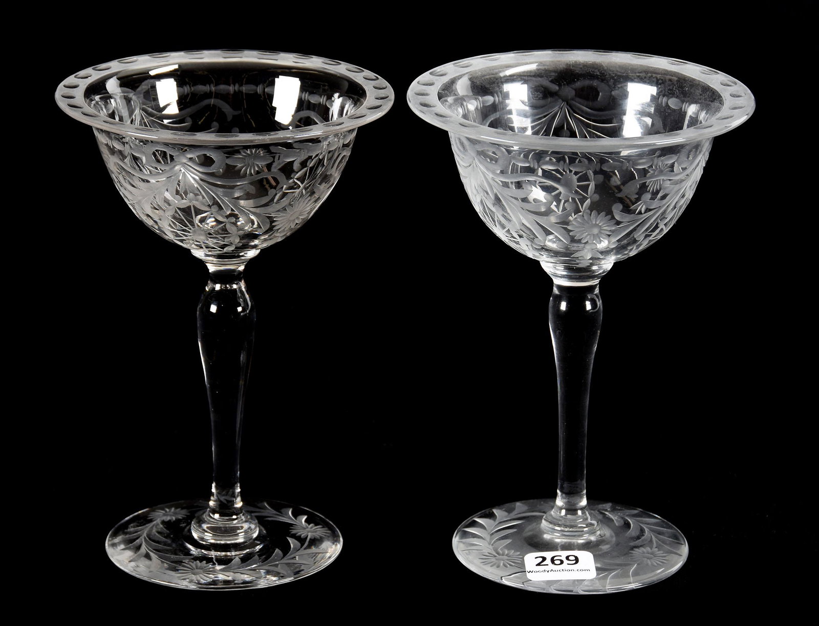 Pair Compotes, ABCG: Pair Compotes, ABCG, 6.25" X 4.25", Floral Ribbon And Medallion Motif By Pairpoint, Rasmussen, SD