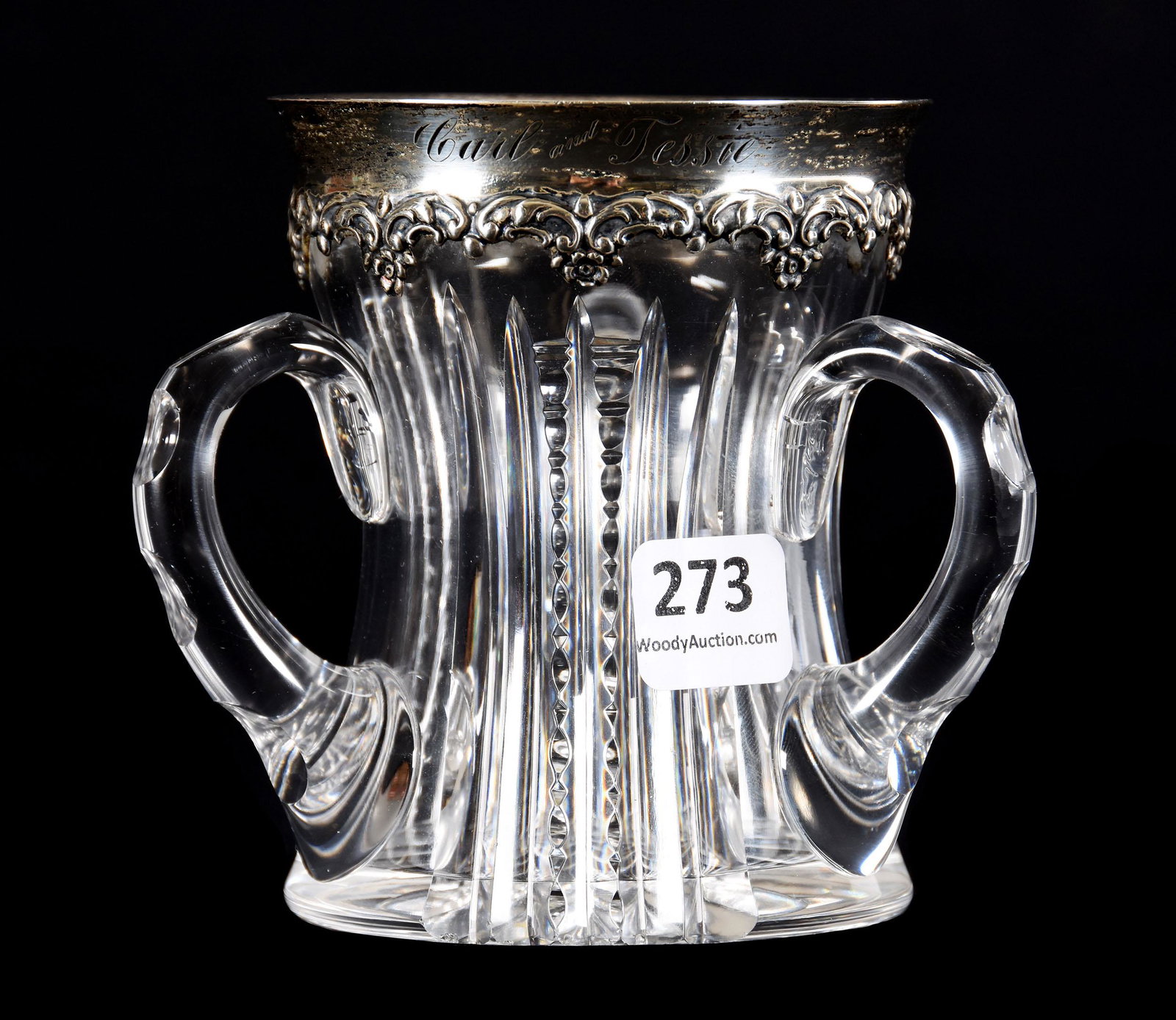 Miniature Three Handle Loving Cup, ABCG: Miniature Three Handle Loving Cup, ABCG, 3.75" X 3.25", Prism Cut Body, Sterling Silver Rim Engraved "Carl & Tessie", Rasmussen, SD