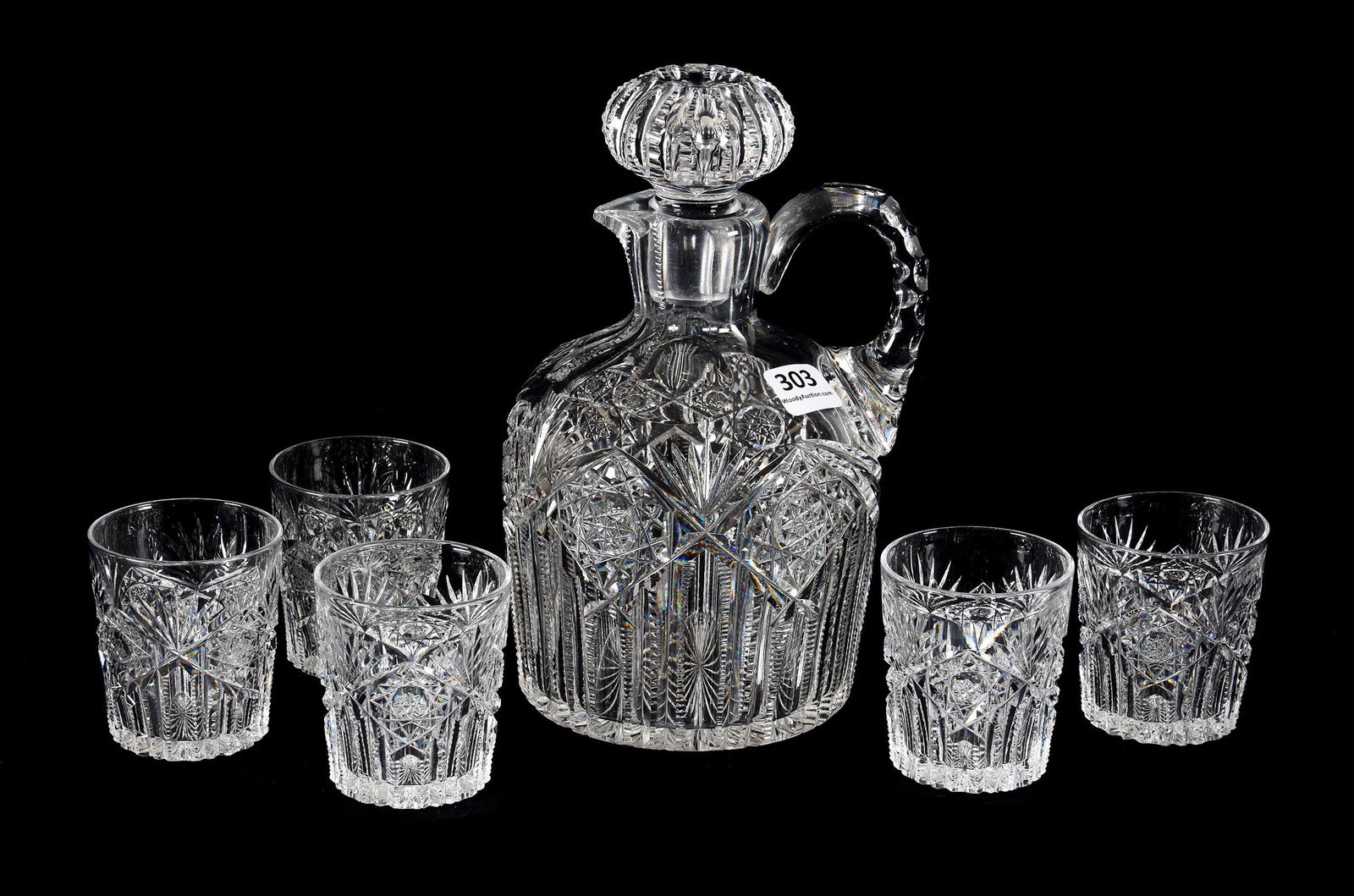 Whiskey Set, ABCG, Signed J. Hoare Hindoo Pattern: Whiskey Set, ABCG, Signed J. Hoare Hindoo Pattern, 7.5", 2.5", (1) 7.5" Decanter, Prism Cut Number Matched Stopper, Triple Notched Handle, Ray Cut Base, (5) Pattern Matched 2.5" Shot Glasses, Rasmusse