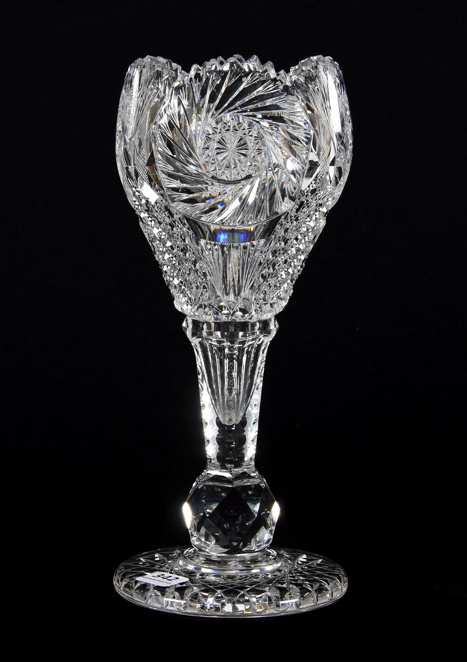 Tulip Vase, ABCG: Tulip Vase, ABCG, 10.25", Pinwheel, Cane, Strawberry Diamond And Fan Motif, Facet Cut Ball Stem, Hobstar Foot, Small Side Tooth Chip, Rasmussen, SD