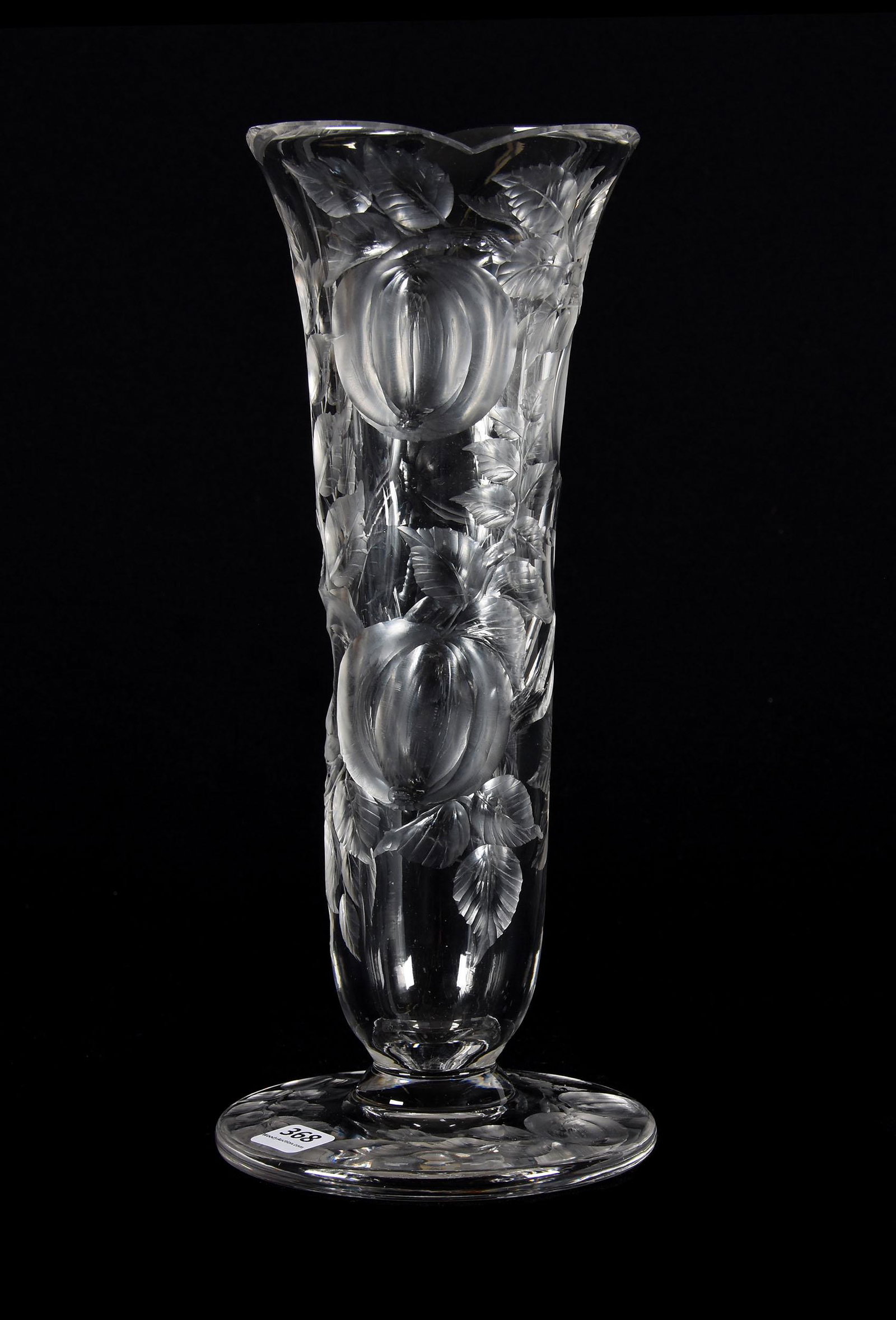 Footed Vase, ABCG: Footed Vase, ABCG, 12", Deep Intaglio Fruit Decor, Wonderful Branch And Leaf Design With Pattern Cut Foot, Private Collection, CA