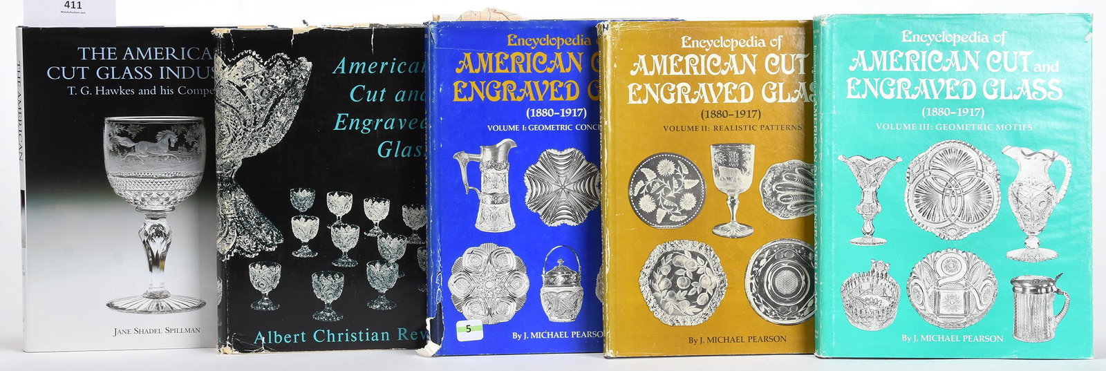 (5) Books: (5) Books: (1) American Cut Glass Industry By Spillman, 1996, (1) American Cut & Engraved Glass By Revi, 1965, 1973, (3) Encyclopedia Of American Cut & Engraved Glass By Pearson, Volumes I, II & III, 