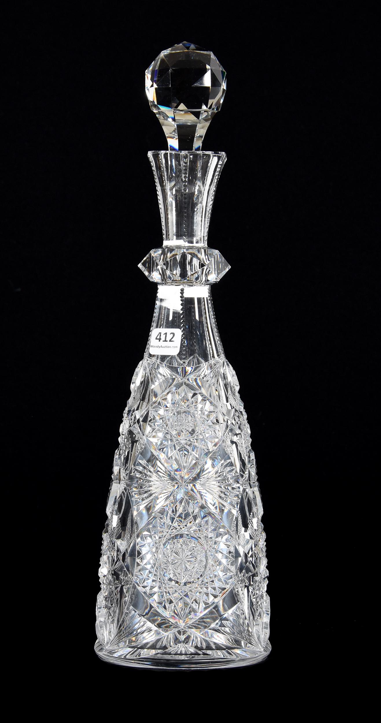 Decanter, ABCG, Monarch Pattern By J. Hoare: Decanter, ABCG, Monarch Pattern By J. Hoare, 15.75", Facet Cut Ring Neck, Ray Cut Base, Quality Cutting, Steve Owlett Collection, PA