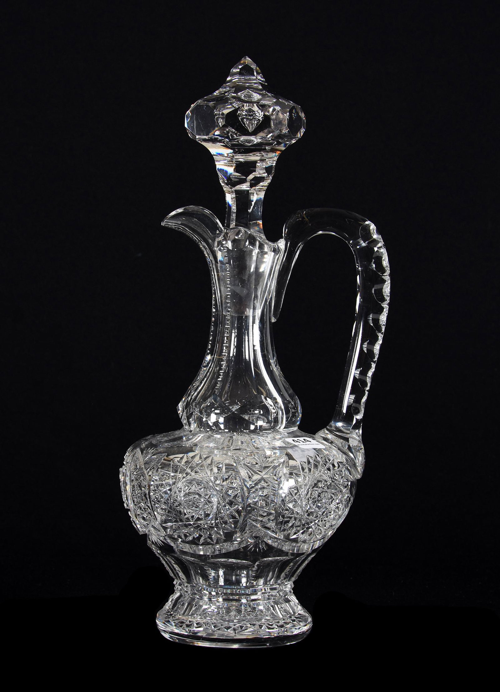 Decanter, ABCG, Randolph Pattern By Pairpoint: Decanter, ABCG, Randolph Pattern By Pairpoint, 14", Exactly As Featured In Pairpoint Catalog Reprint, Page 37, Hobstar Cut Base, Double Notched Crosshatch Handle, Extra Large Facet Cut Teardrop Stoppe
