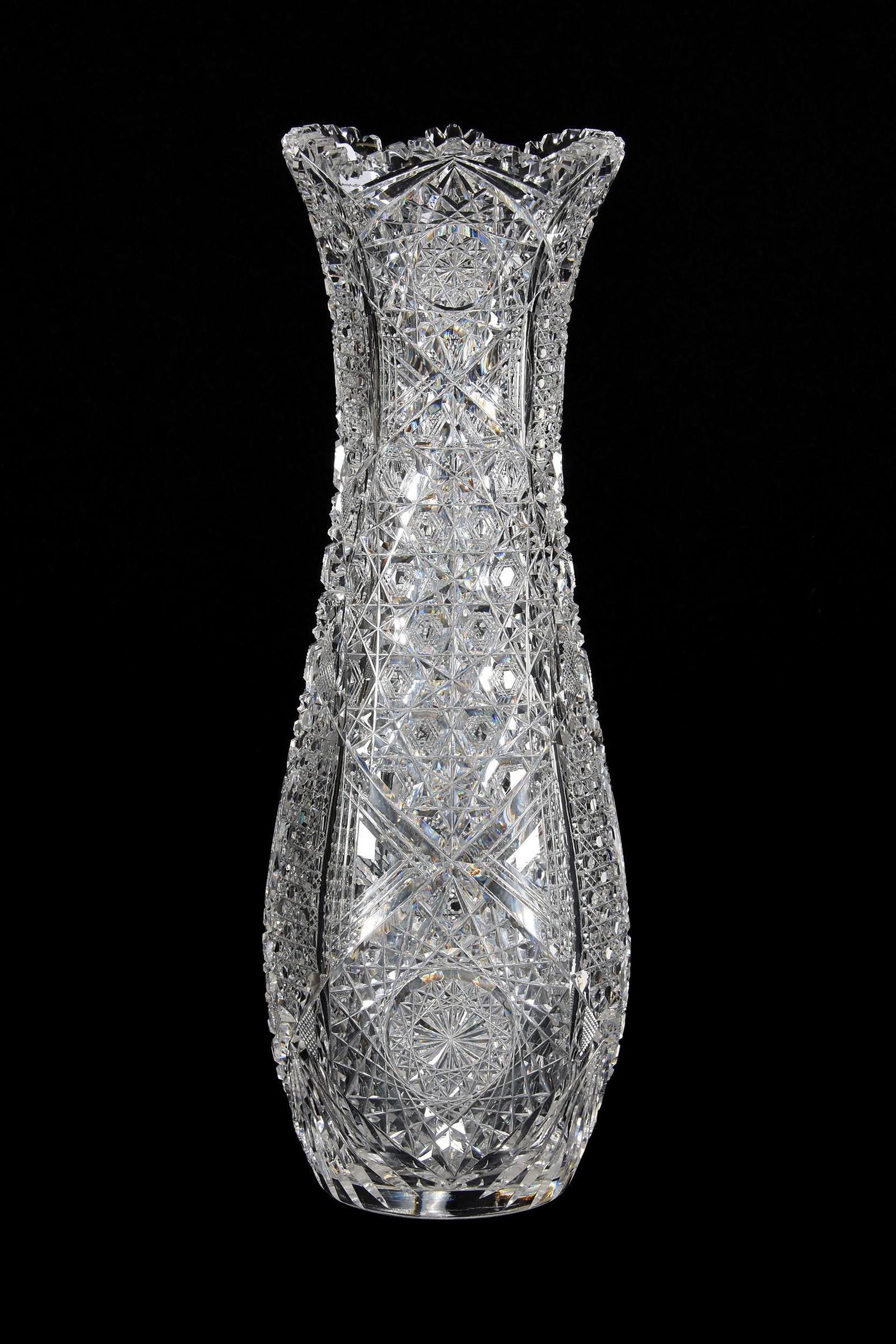 Vase, American Brilliant Cut Glass: Vase, American Brilliant Cut Glass, 14.25", Hobstar, Vesica, Cane, Button Cluster, Strawberry Diamond And Fan Motif, Ray Cut Base, Attributed To J. Hoare, Steve Owlett Collection, PA