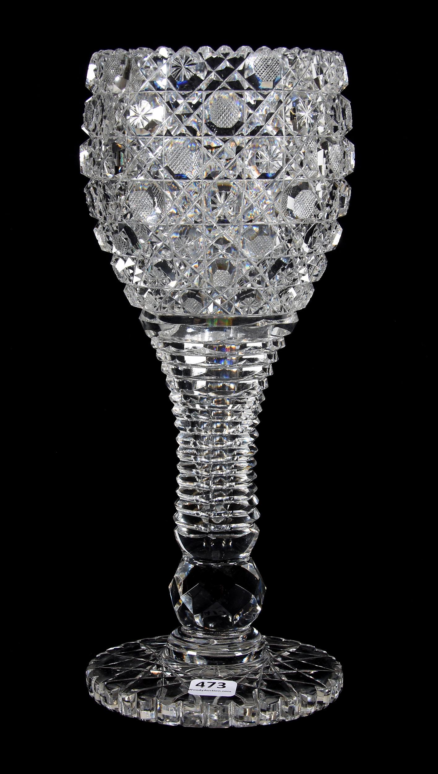 Chalice Vase, ABCG, Harvard Pattern: Chalice Vase, ABCG, Harvard Pattern, 12.25", Step Cut Body, Scalloped Hobstar Foot, Rasmussen, SD