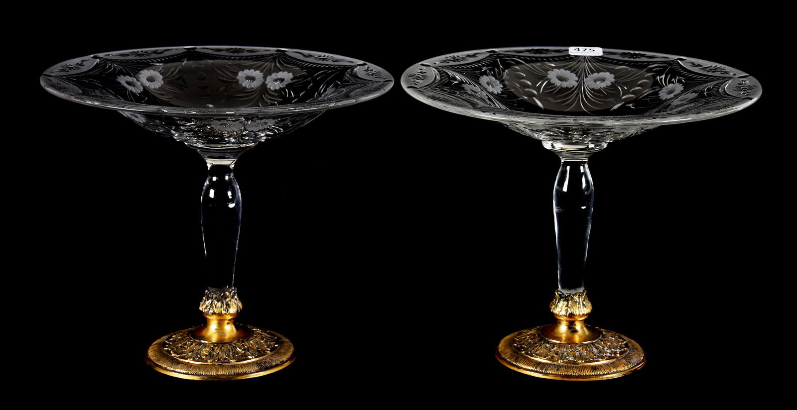 Pair Compotes, ABCG, Marked Pairpoint #C1427: Pair Compotes, ABCG, Marked Pairpoint #C1427, (1) 7.25" X 9", (1) 7.5" X 8.5", Matching Compotes With Engraved Floral Garland Motif, Original Gilt Metal Base Is Part Marked, Rasmussen, SD