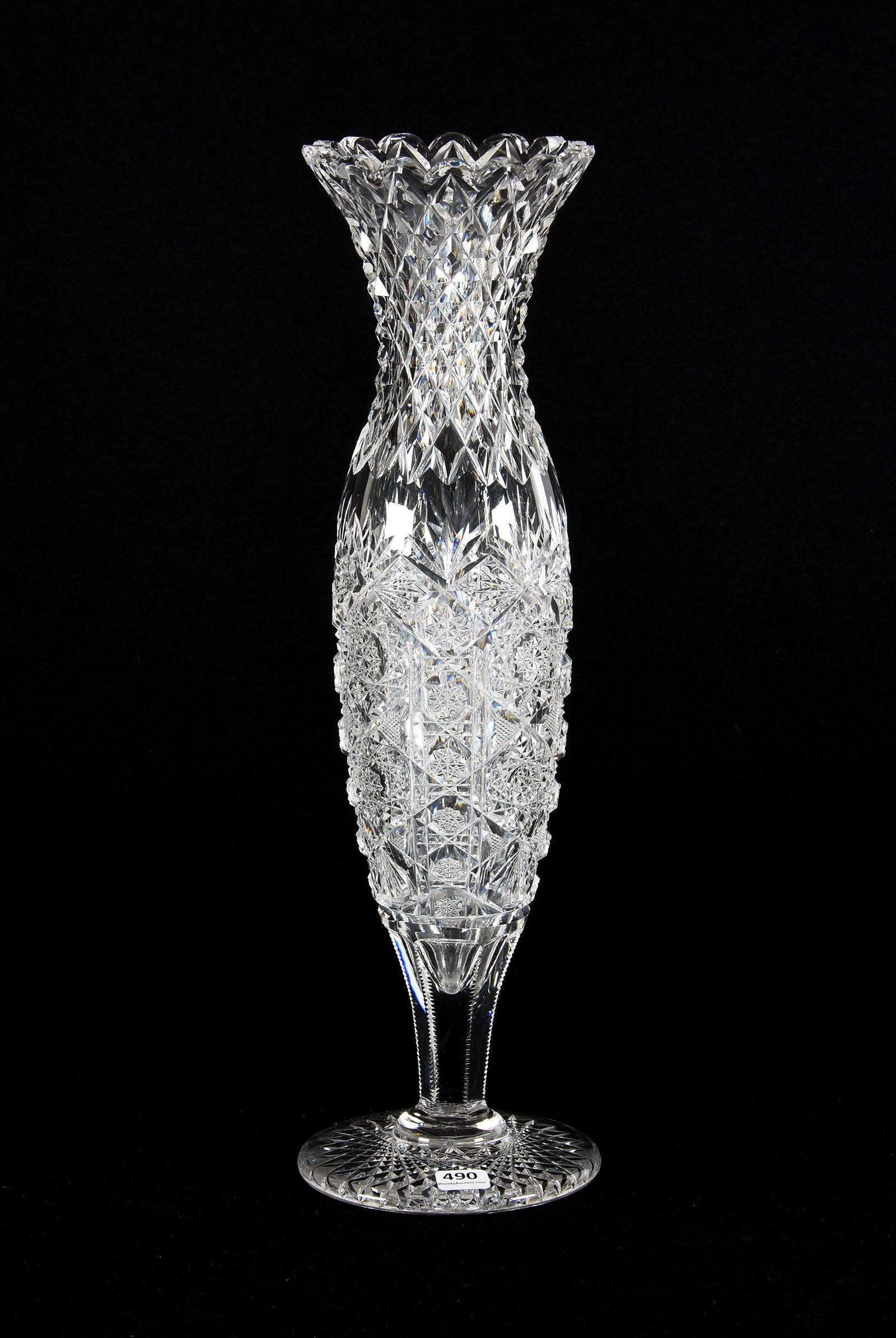 Vase, Pedestal, ABCG: Vase, Pedestal, ABCG, 17.5", Wonderful Hobstar, Strawberry Diamond, Mitre And Fan Motif, Hobstar Foot, Diamond Cut Flared Neck, Attributed To J. Hoare, Very Nice Quality, Steve Owlett Collection, PA