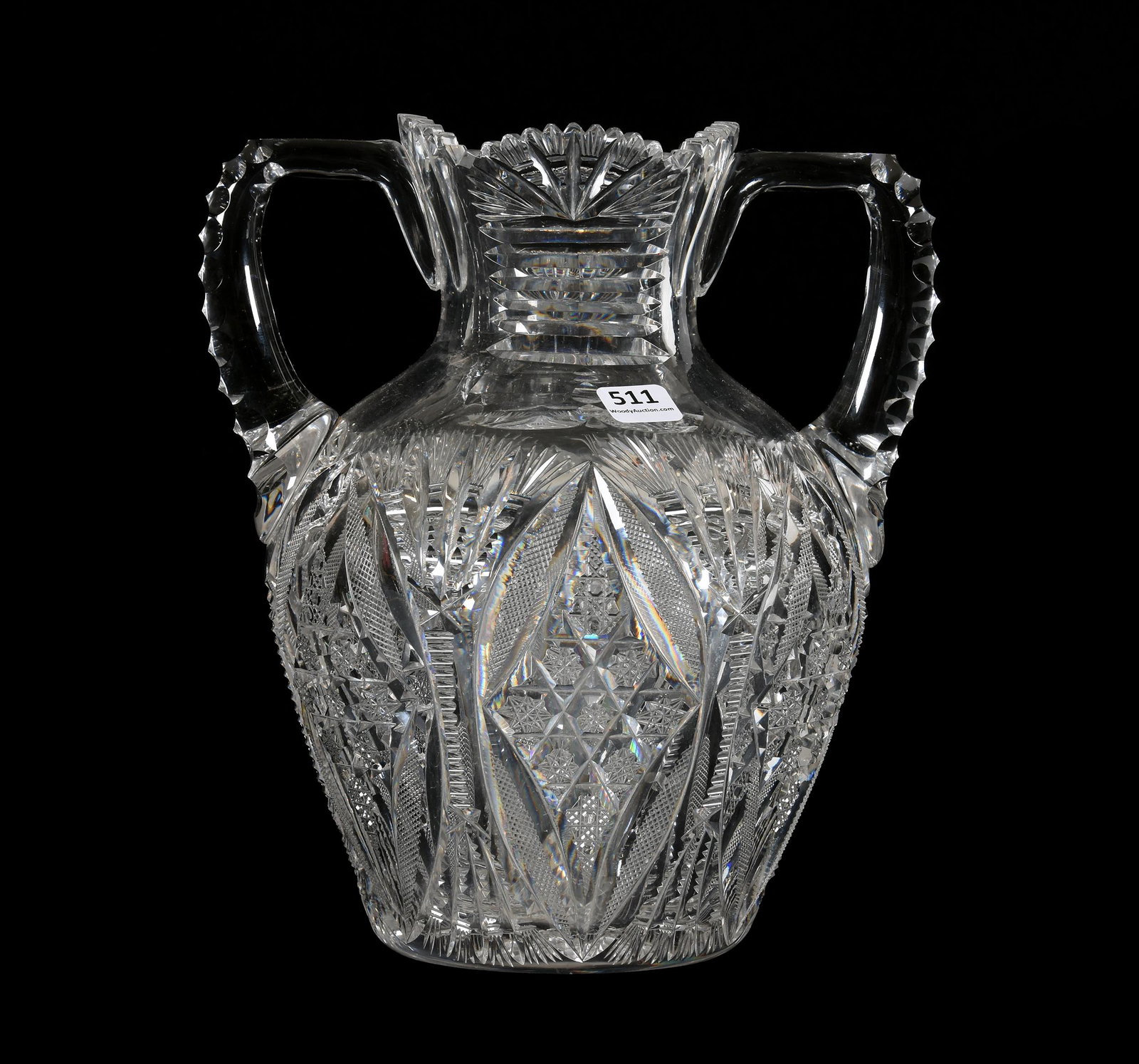 Vase, Two Handled, ABCG, Plymouth By Pitkin & Brooks: Vase, Two Handled, ABCG, Plymouth By Pitkin & Brooks, 9.5" X 8.5", Step Cut Neck, Triple Notched Handles, Hobstar Base, Very Nice, Private Collection, PA