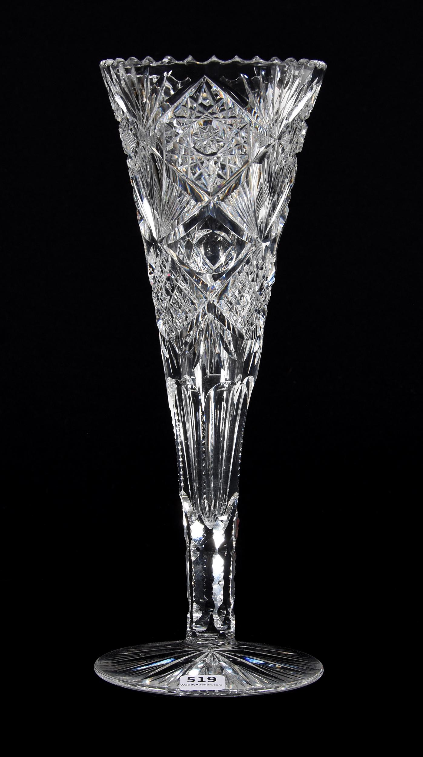 Trumpet Vase, ABCG: Trumpet Vase, ABCG, 12", Hobstar, Crosscut Diamond, Bullseye And Fan Motif, Flashed Ray Cut Foot, Rasmussen, SD