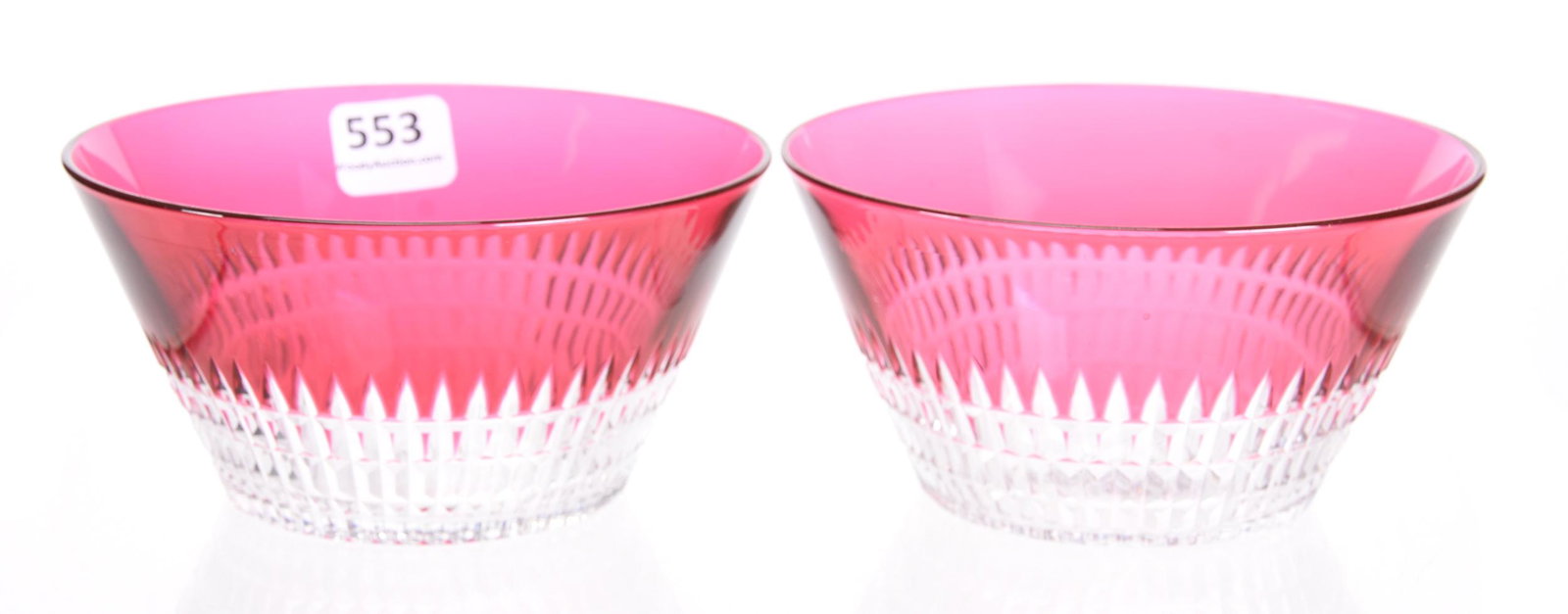 Pair Finger Bowls, ABCG, Cranberry/Clear: Pair Finger Bowls, ABCG, Cranberry/Clear, 4.75", Renaissance Pattern By Dorflinger, Rasmussen, SD
