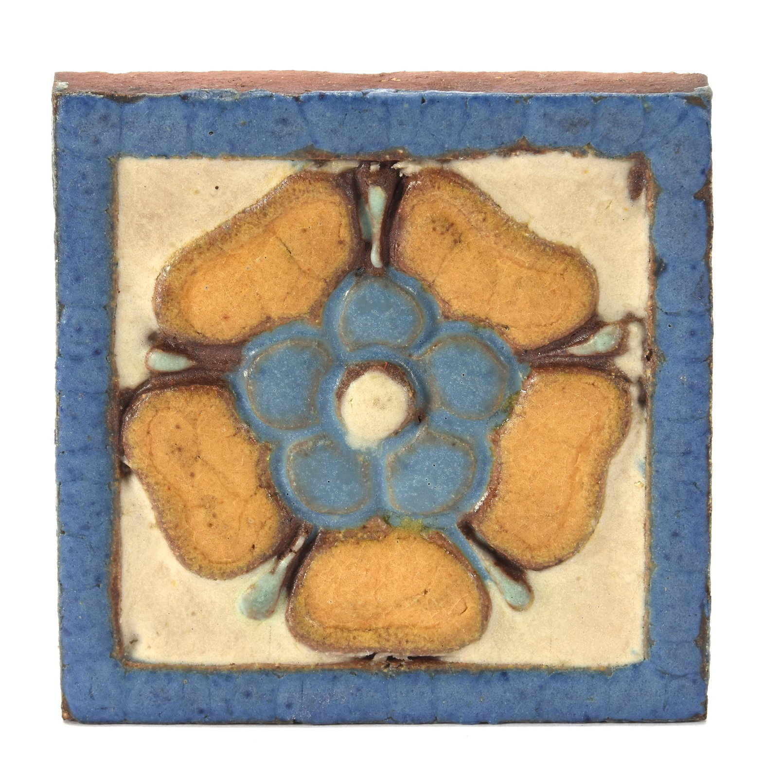 Tile Marked Grueby Tile Boston Art Pottery: Tile Marked Grueby Tile Boston Art Pottery, 4" X 4", Embossed Flower Blossom Decor, Ramsey Estate Collection, KS