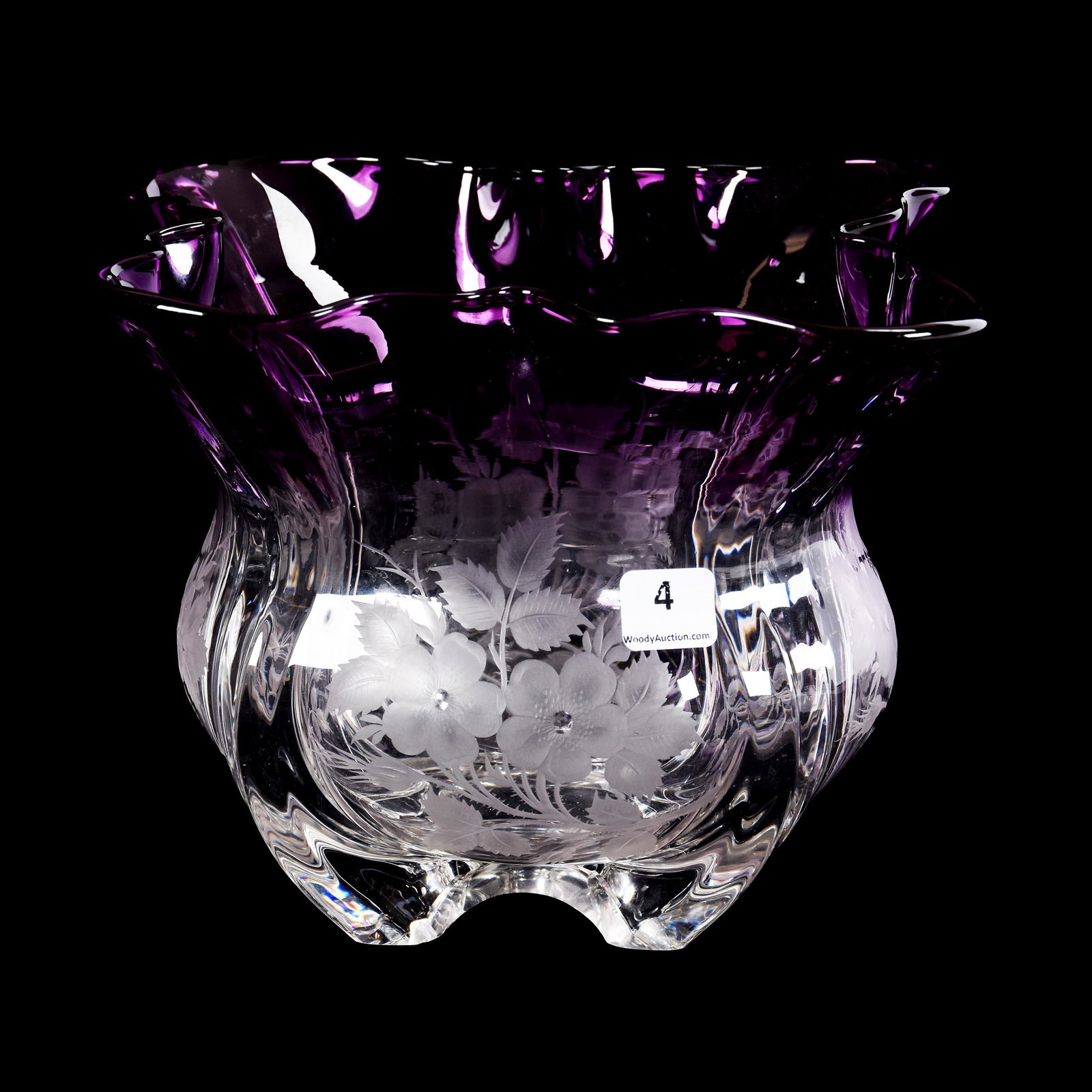 Bowl, Unmarked Steuben Grotesque Design: Bowl, Unmarked Steuben Grotesque Design, 6.5" X 7.75", Amethyst Shading To Clear, Engraved Floral Motif, Square Form, Very Nice, Circa 1903-1933, Private Collection, PA