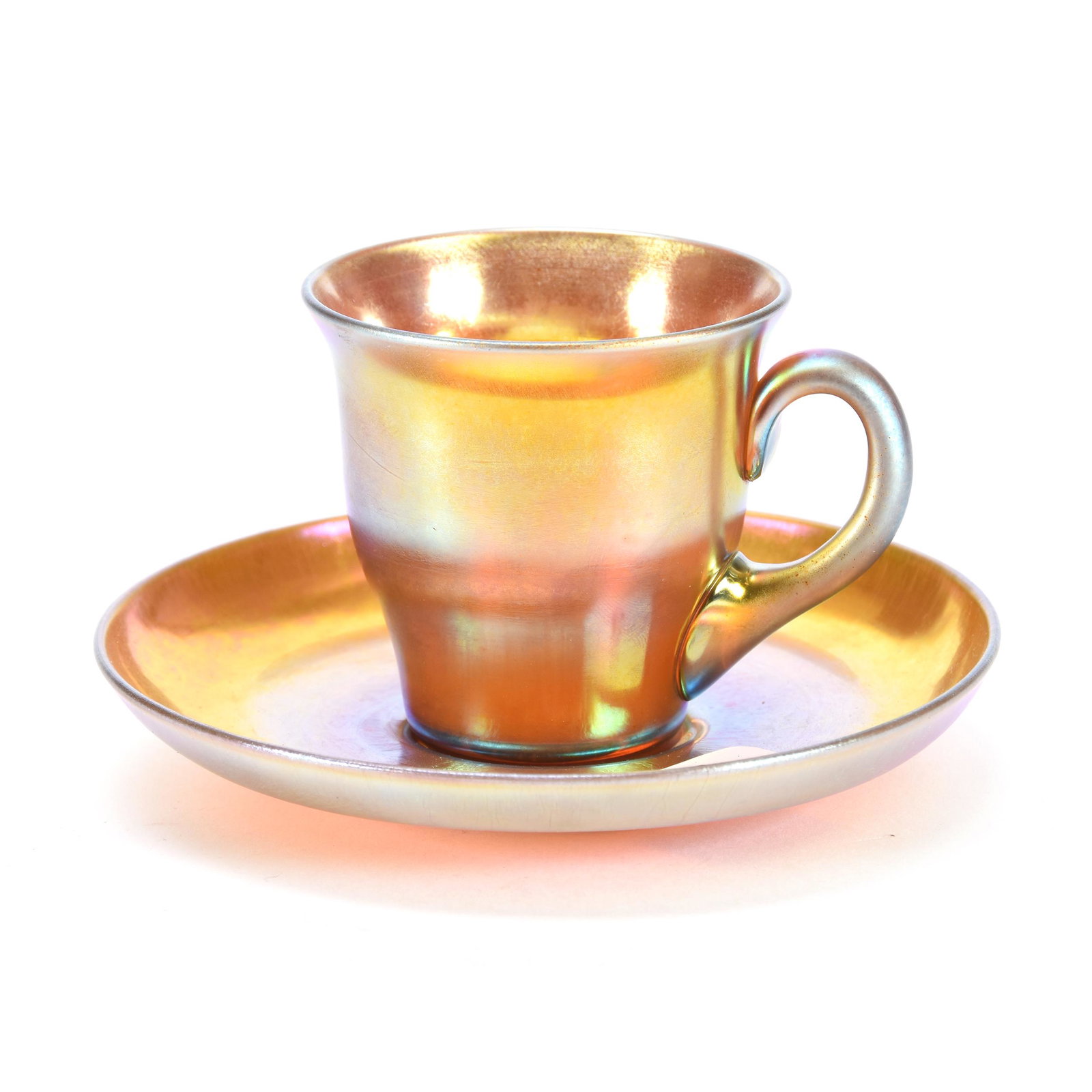 Cup & Saucer Signed Steuben Aurene #2780 Art Glass: Cup & Saucer Signed Steuben Aurene #2780 Art Glass, 2.5" X 4.5", Nice Gold Iridescence, Ramsey Estate Collection, KS