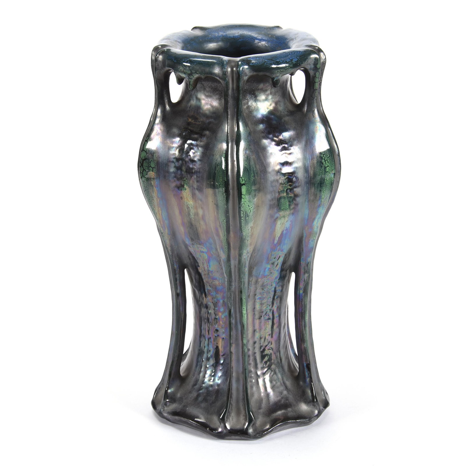 Vase, Amphora #3616 Art Pottery: Vase, Amphora #3616 Art Pottery, 14.25" X 7", Midnight Blue Iridescence With Separated Columns, Artist Marked, One Ridge Chip and Hairline On One Column, Hahn Estate Collection, PA