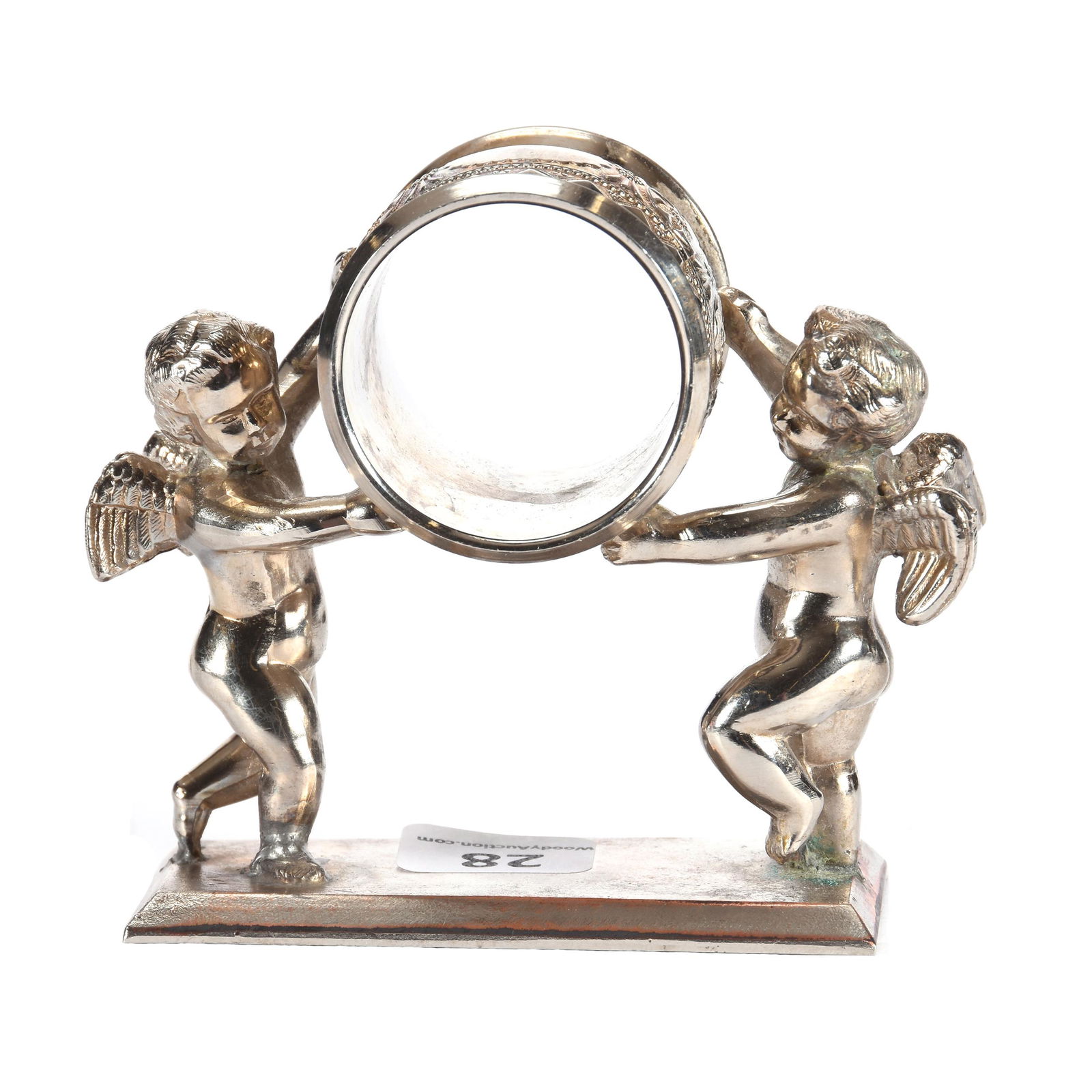 Silverplate Napkin Ring, Quality Reproduction: Silverplate Napkin Ring, Quality Reproduction, 3.5" X 3.5", Two Cherubs Upholding Ring, Original Ring Made By Meriden Britannia Co., Circa 1878, Private Collection, NE