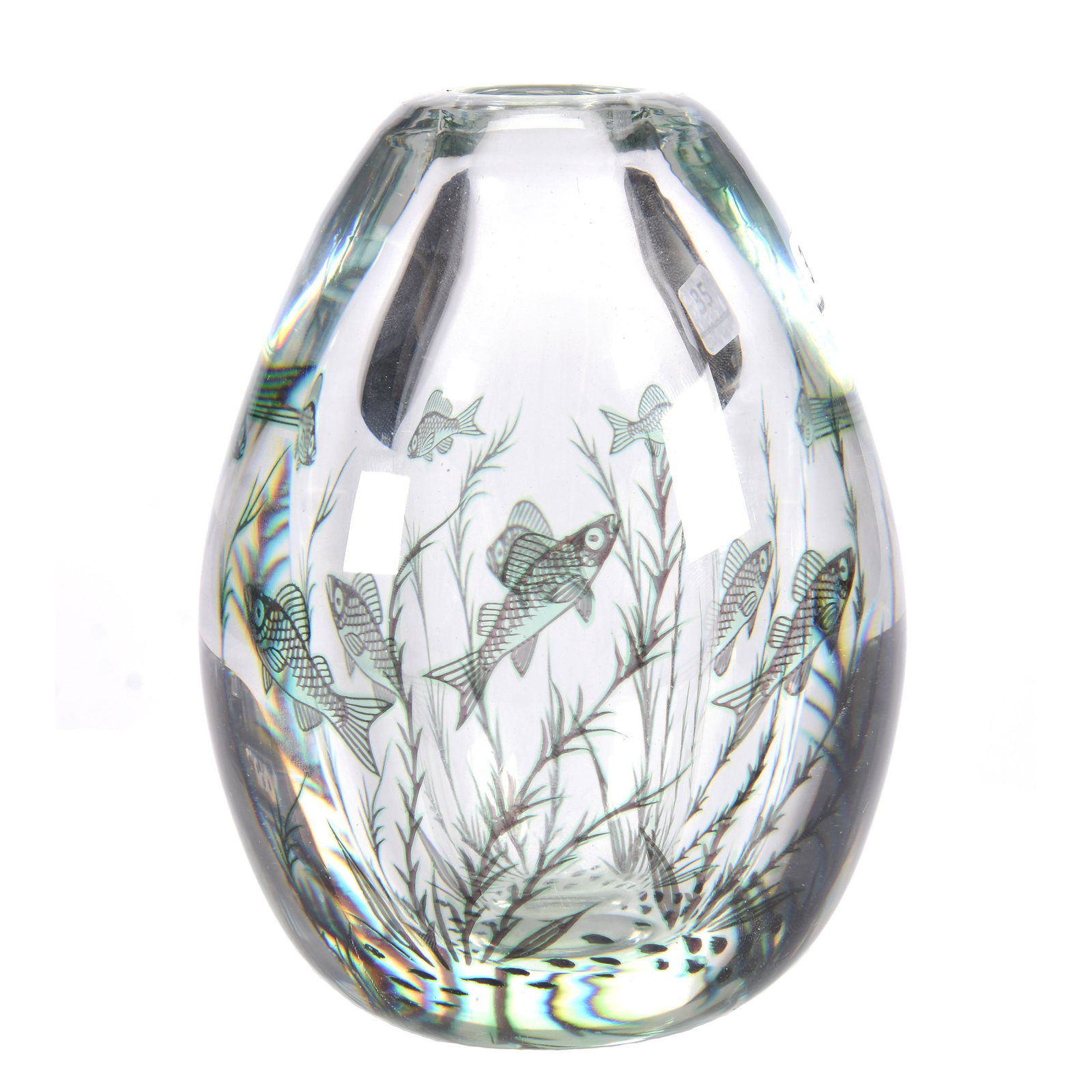 Graal Paperweight Vase Signed Orrefors: Graal Paperweight Vase Signed Orrefors, 6" X 4.5", Artist Edward Hald #2398D, Clear Crystal With Colored Underwater Scene With Fish And Water Plants, Hahn Estate Collection, PA