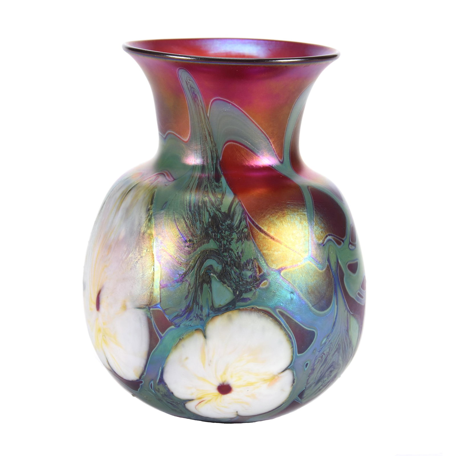 Vase Signed Charles Lotton, Dated 1975: Vase Signed Charles Lotton, Dated 1975, 5.75" X 4.25", Iridescent Red Background With White Blossom And Green, Multi Floral, Hahn Estate Collection, PA