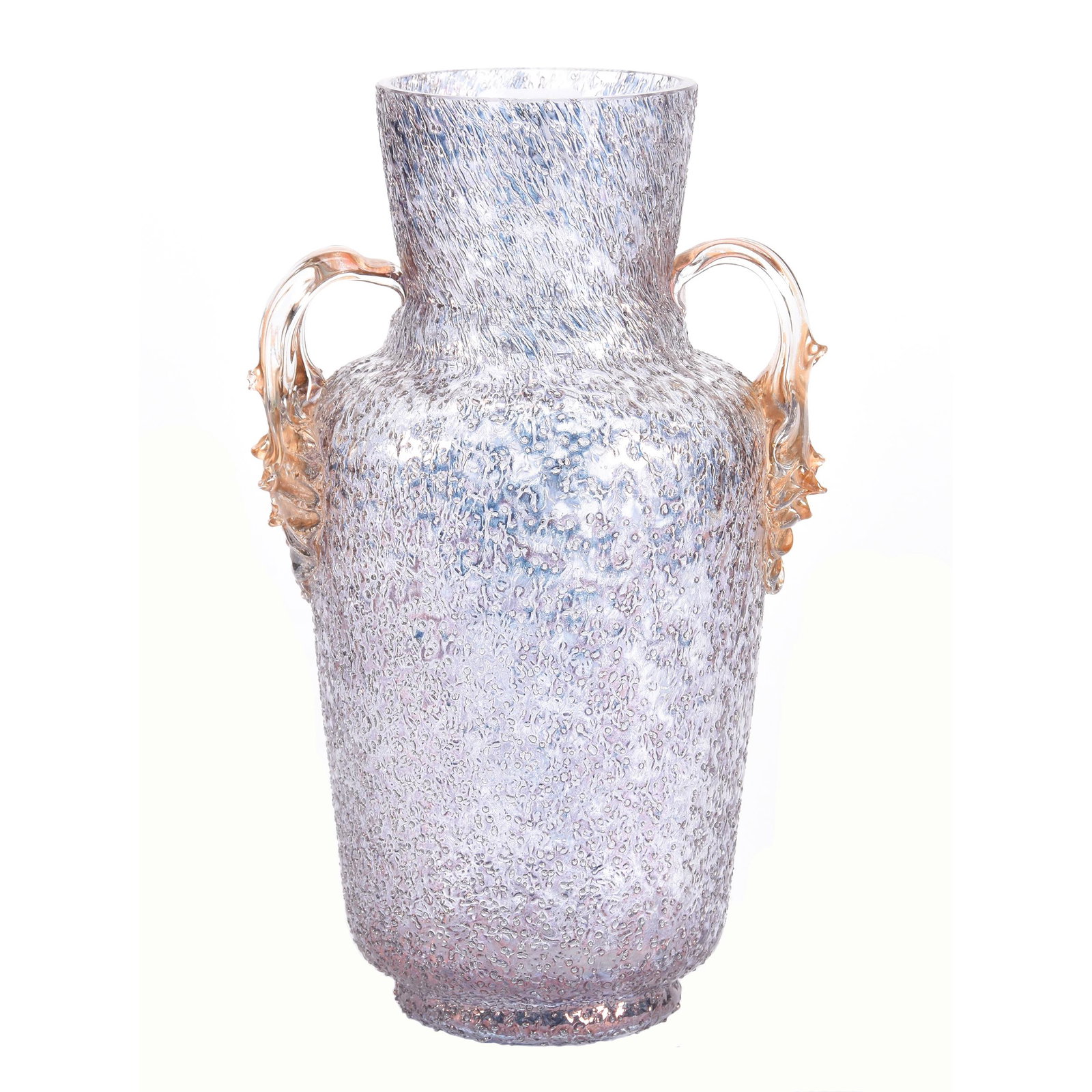 Vase, Pale Amethyst Overshot Art Glass: Vase, Pale Amethyst Overshot Art Glass, 7.25" X 4.25", Marigold Flash Applied Glass Handles, Private Collection, NE