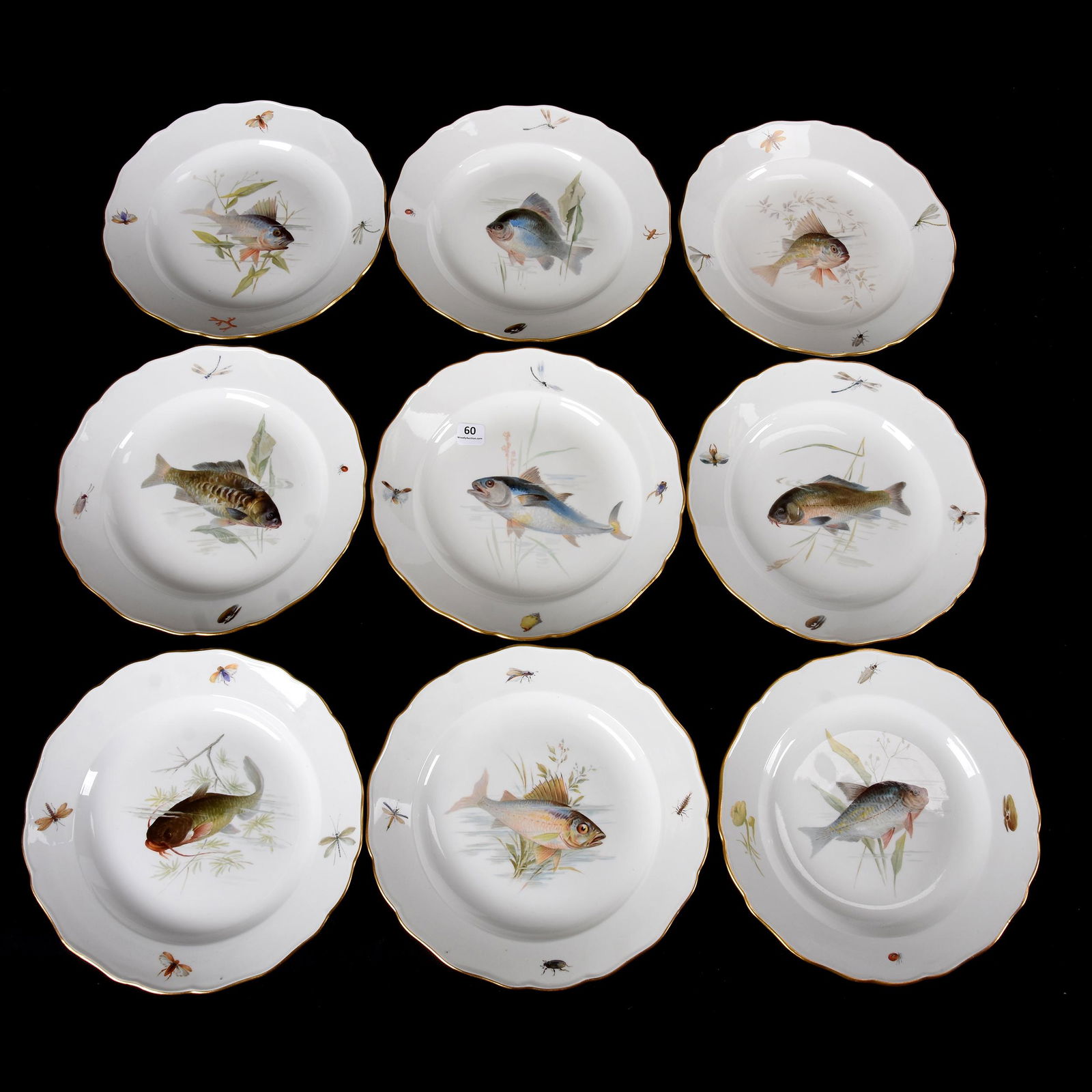 (9) Plates With Meissen Blue Crossed Swords Mark: (9) Plates With Meissen Blue Crossed Swords Mark, 9.75", Beautiful White With Fine Hand-painted Fish Scenic Decor with Insect Border, Each Plate Is Different, Highest Quality, Ramsey Estate Collection