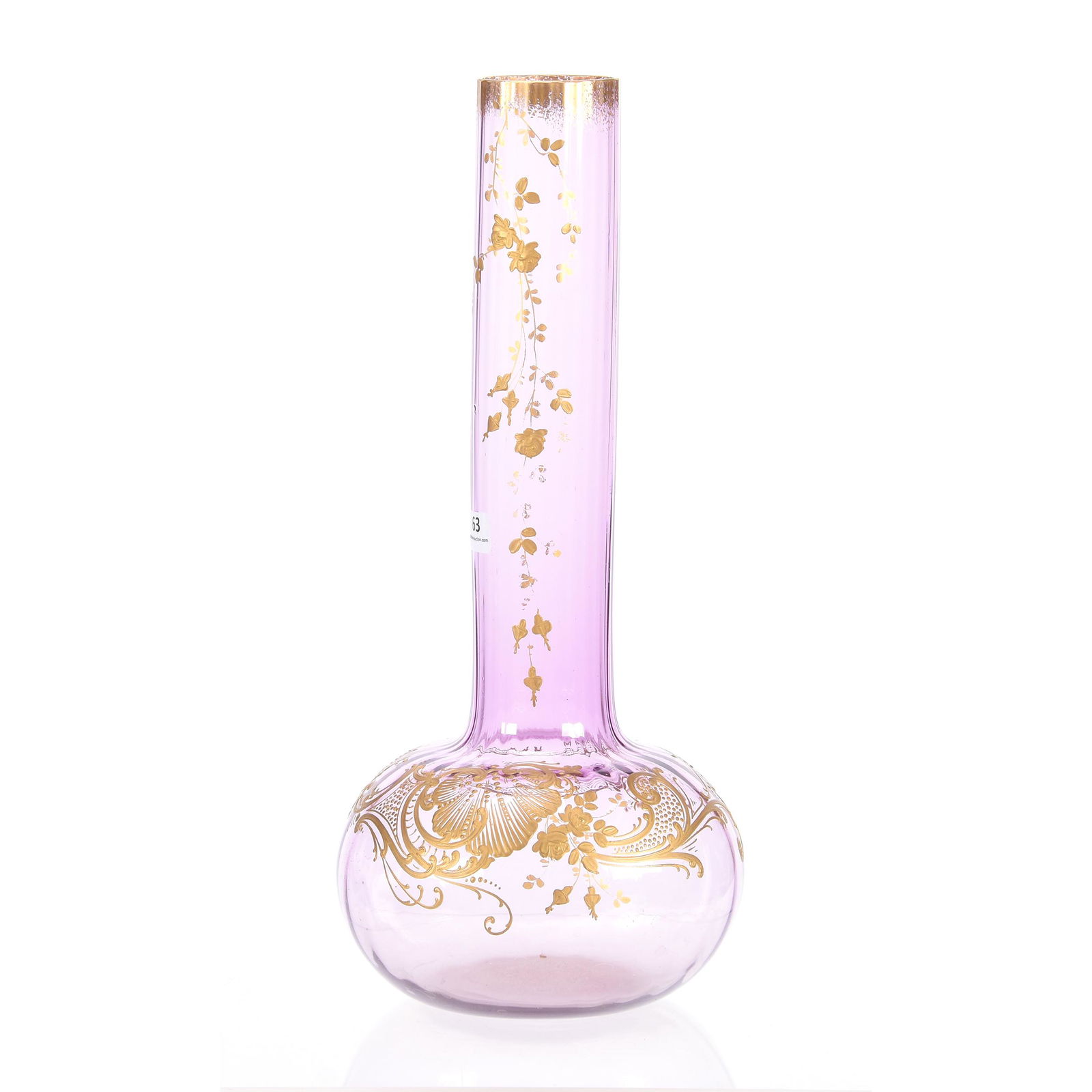 Vase, Unmarked Art Glass: Vase, Unmarked Art Glass, 16", Solid Amethyst With Heavy Gold Floral And Scroll Design, Mt. Joye Style, Private Collection, NE