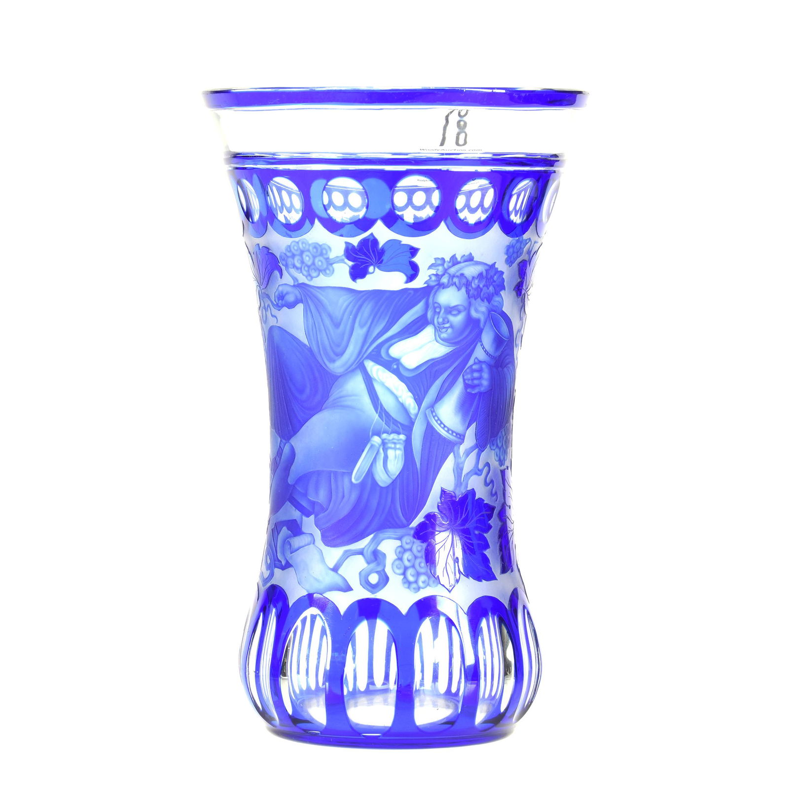 Beaker, Bohemian Cameo Carved Cobalt Blue To Clear: Beaker, Bohemian Cameo Carved Cobalt Blue To Clear, 7" X 4.25", Intricate Design Featuring Philosopher Who Has Overindulged, Attributed To Franz Paul Zach, Hahn Estate Collection, PA